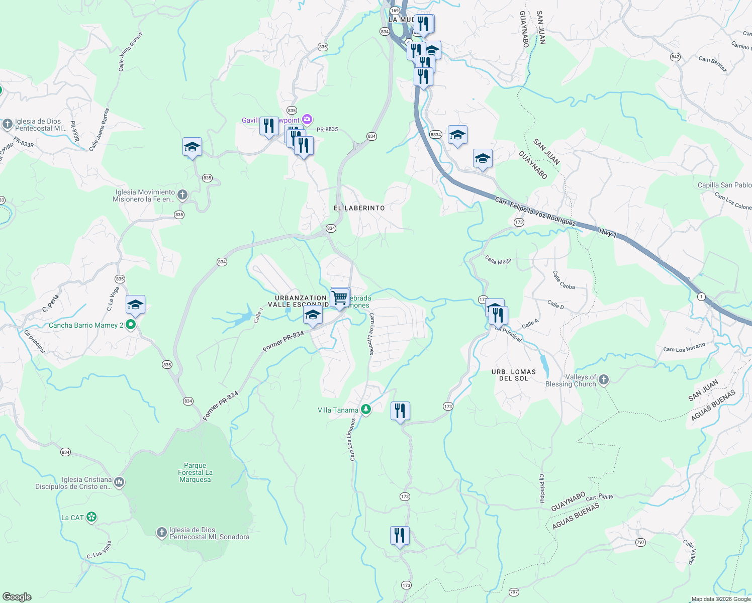 map of restaurants, bars, coffee shops, grocery stores, and more near in Hato Nuevo