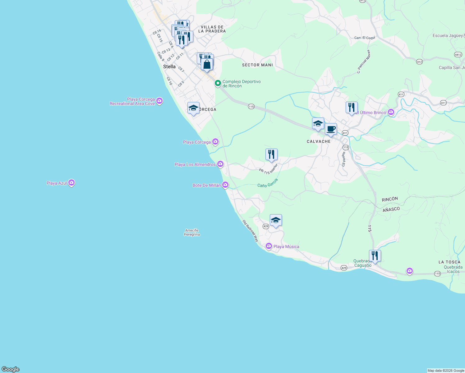 map of restaurants, bars, coffee shops, grocery stores, and more near in Rincon