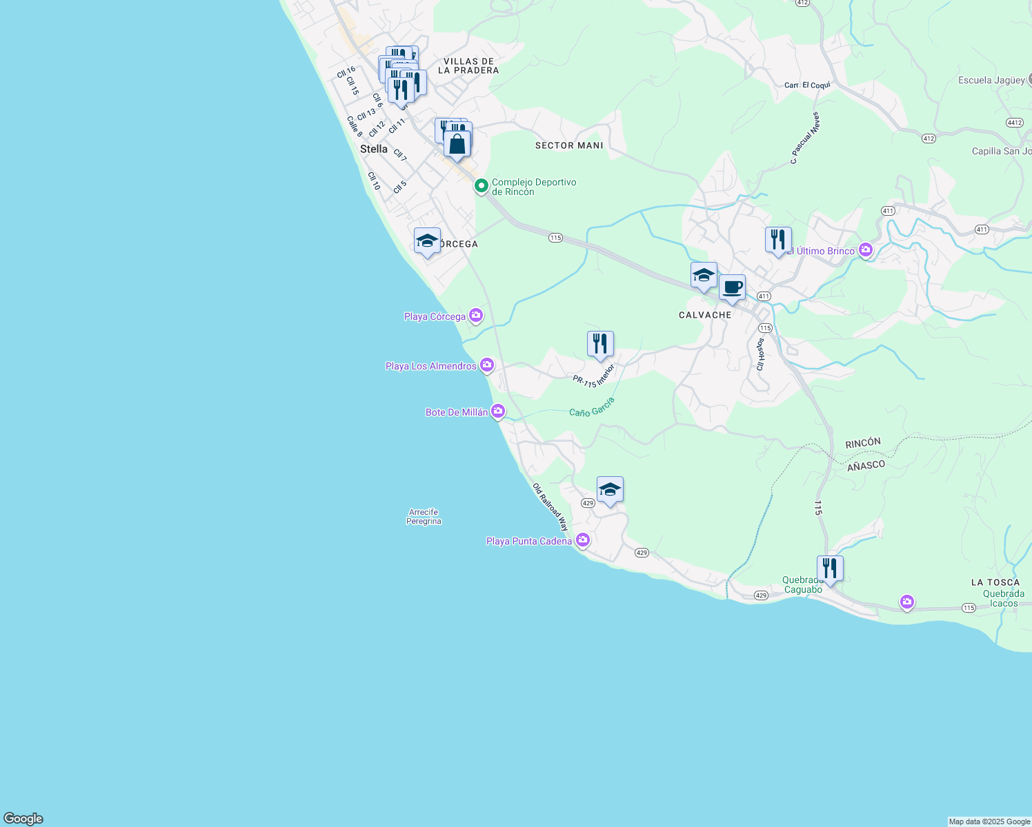 map of restaurants, bars, coffee shops, grocery stores, and more near in Rincon