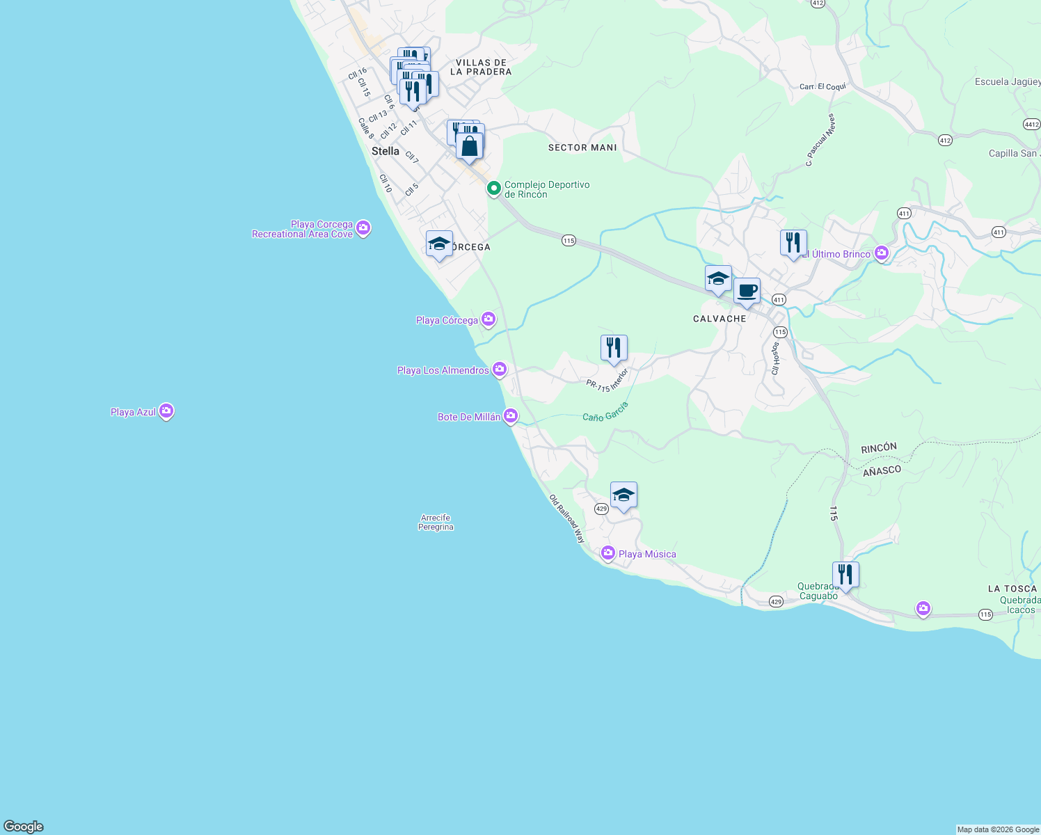 map of restaurants, bars, coffee shops, grocery stores, and more near in Rincon