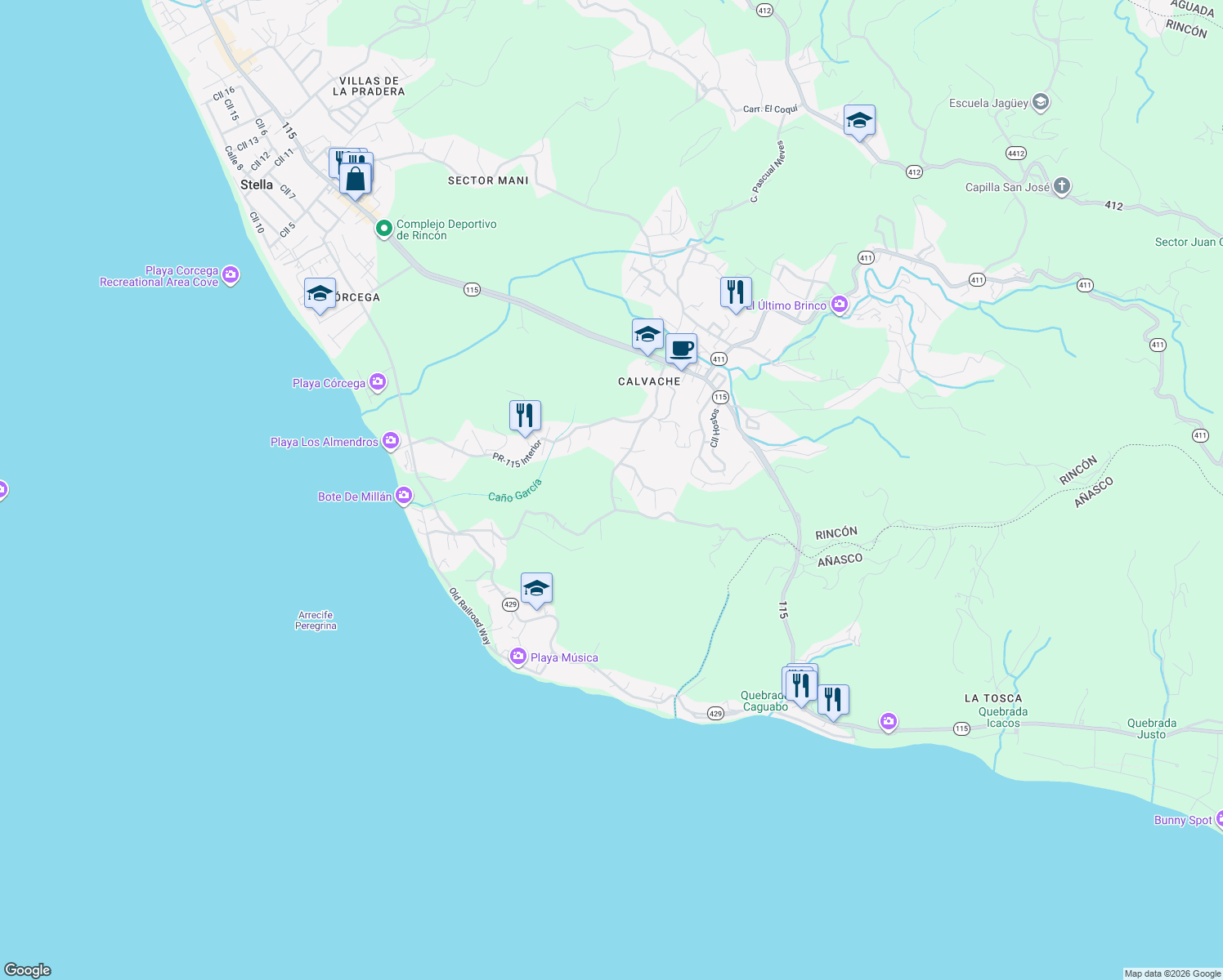 map of restaurants, bars, coffee shops, grocery stores, and more near in Rincon