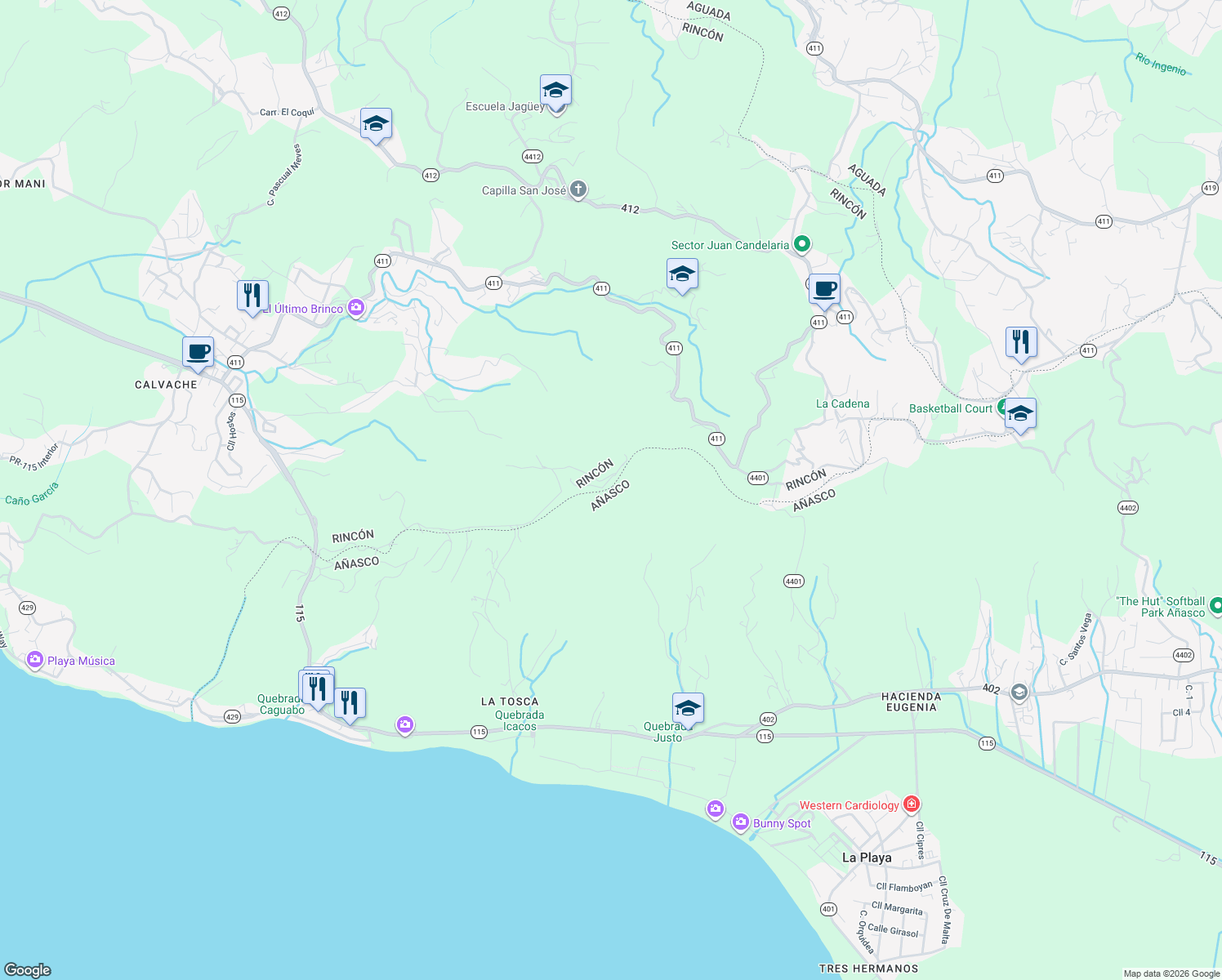 map of restaurants, bars, coffee shops, grocery stores, and more near Unnamed Rd in Añasco