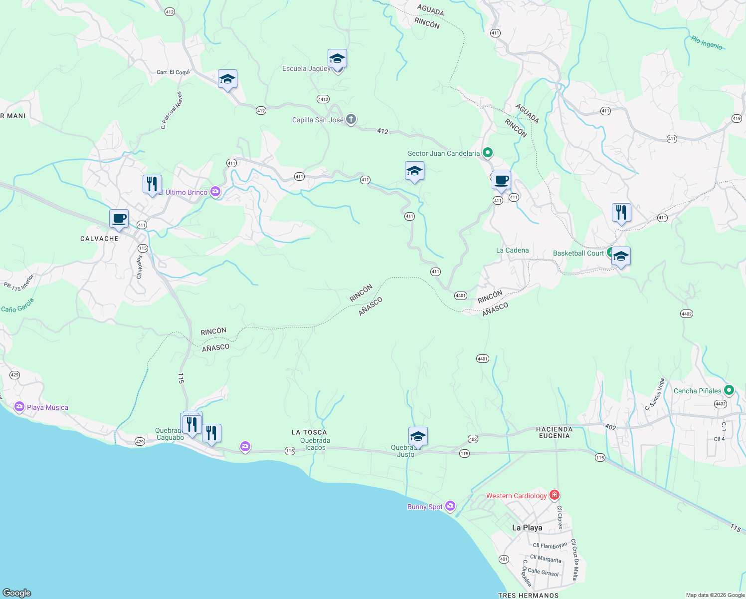 map of restaurants, bars, coffee shops, grocery stores, and more near Unnamed Rd in Añasco