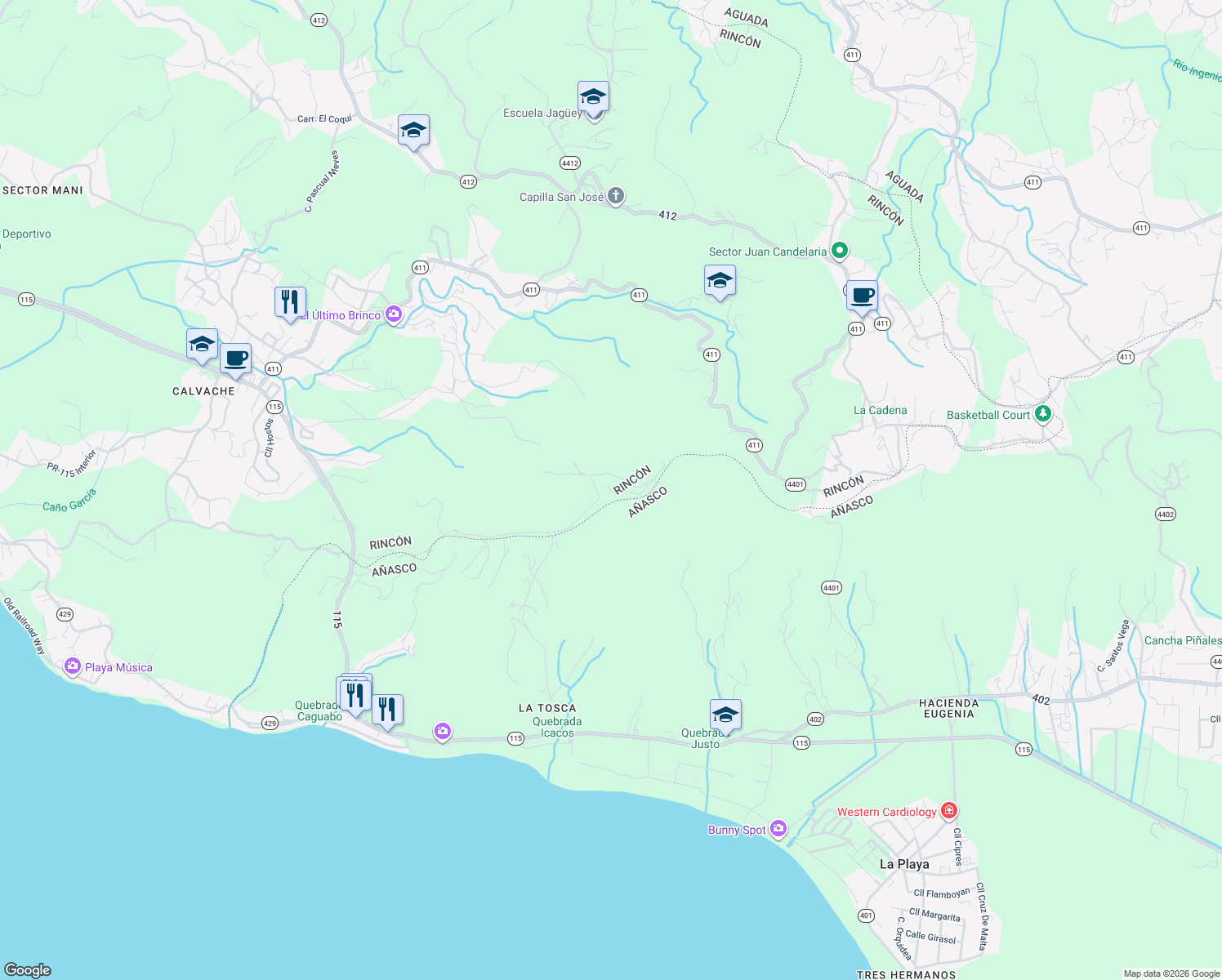 map of restaurants, bars, coffee shops, grocery stores, and more near Unnamed Road in Añasco