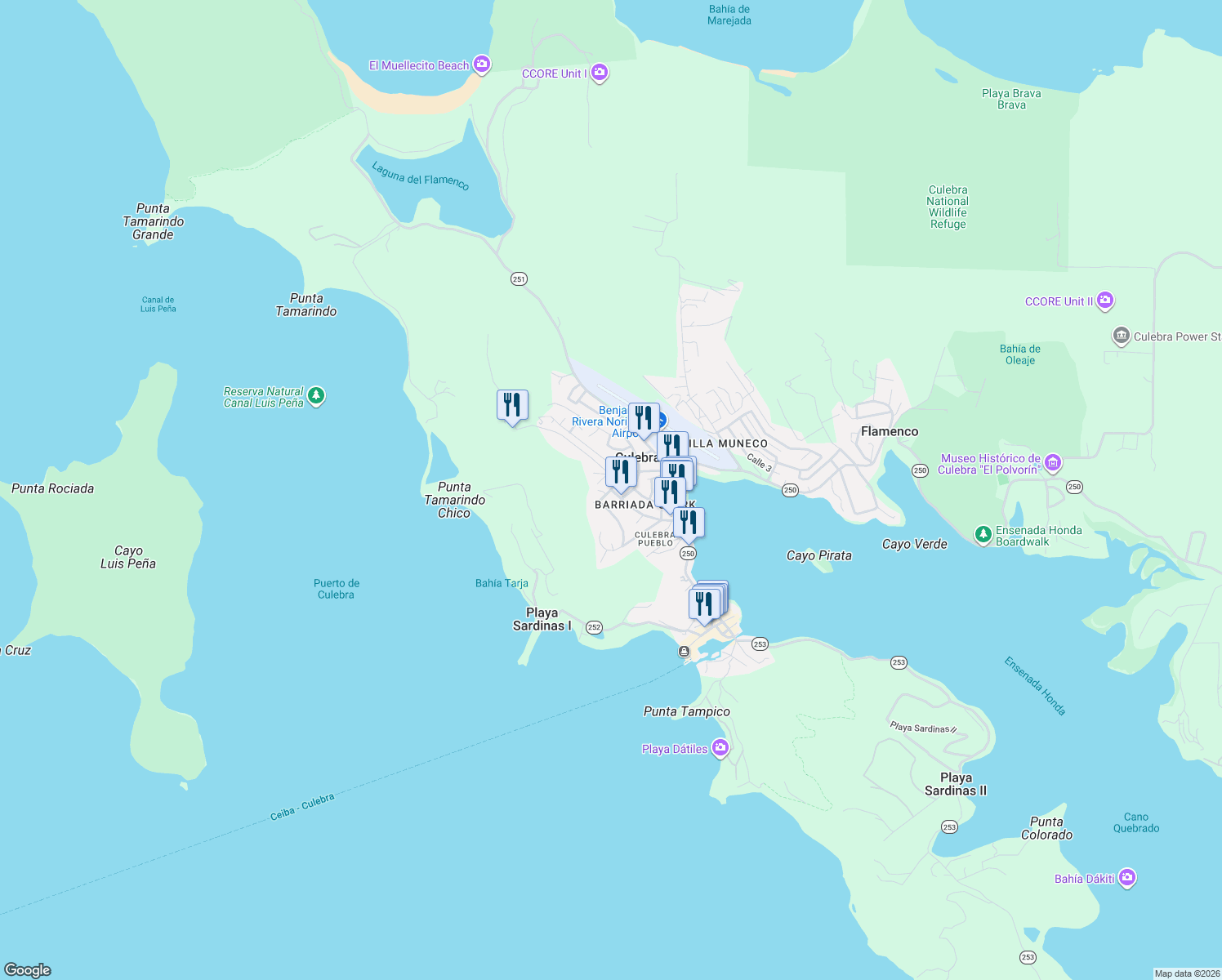 map of restaurants, bars, coffee shops, grocery stores, and more near Calle Jose C Nazario in Culebra