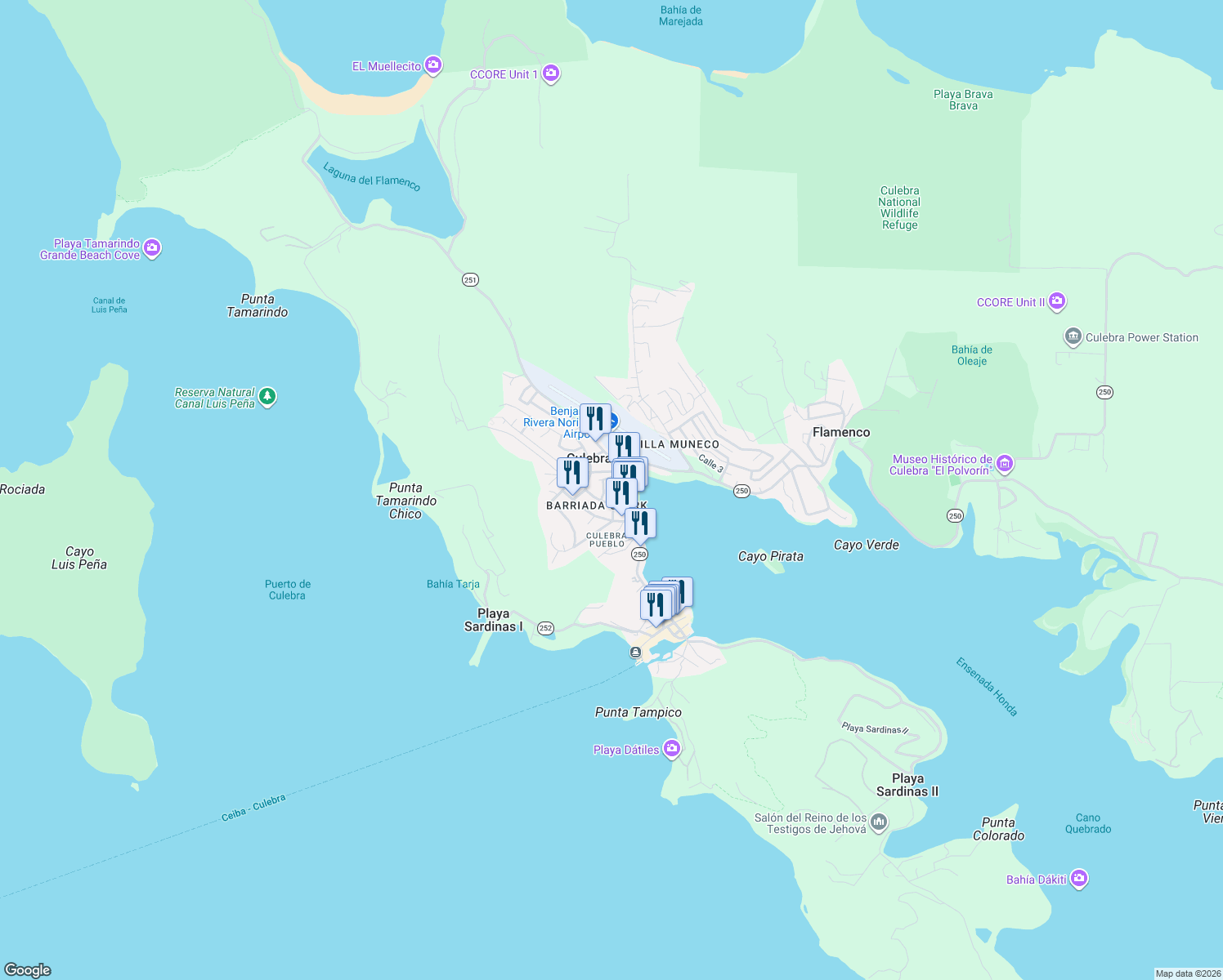 map of restaurants, bars, coffee shops, grocery stores, and more near in Culebra