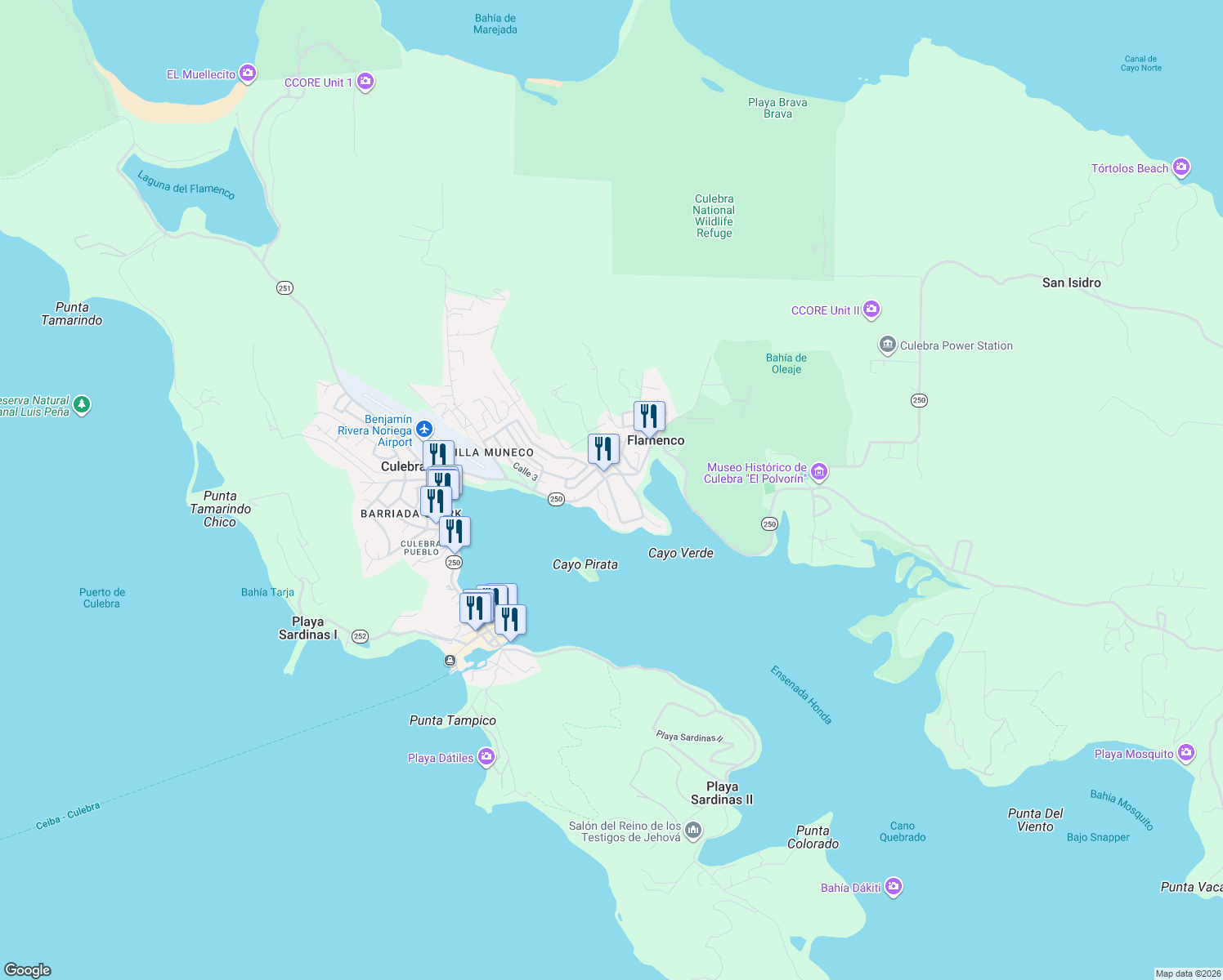 map of restaurants, bars, coffee shops, grocery stores, and more near in Culebra