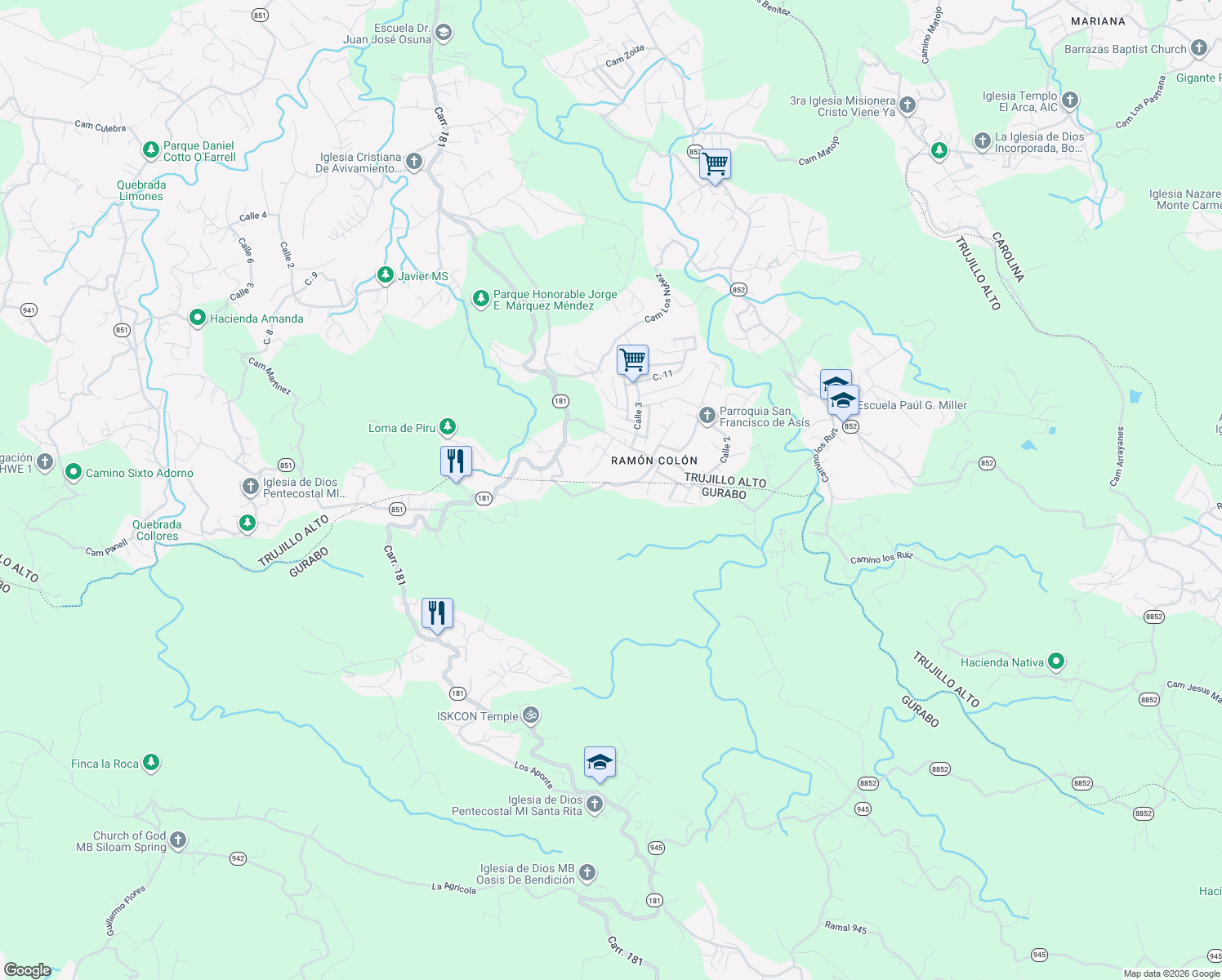 map of restaurants, bars, coffee shops, grocery stores, and more near 4 Calle Padre Claro in Trujillo Alto
