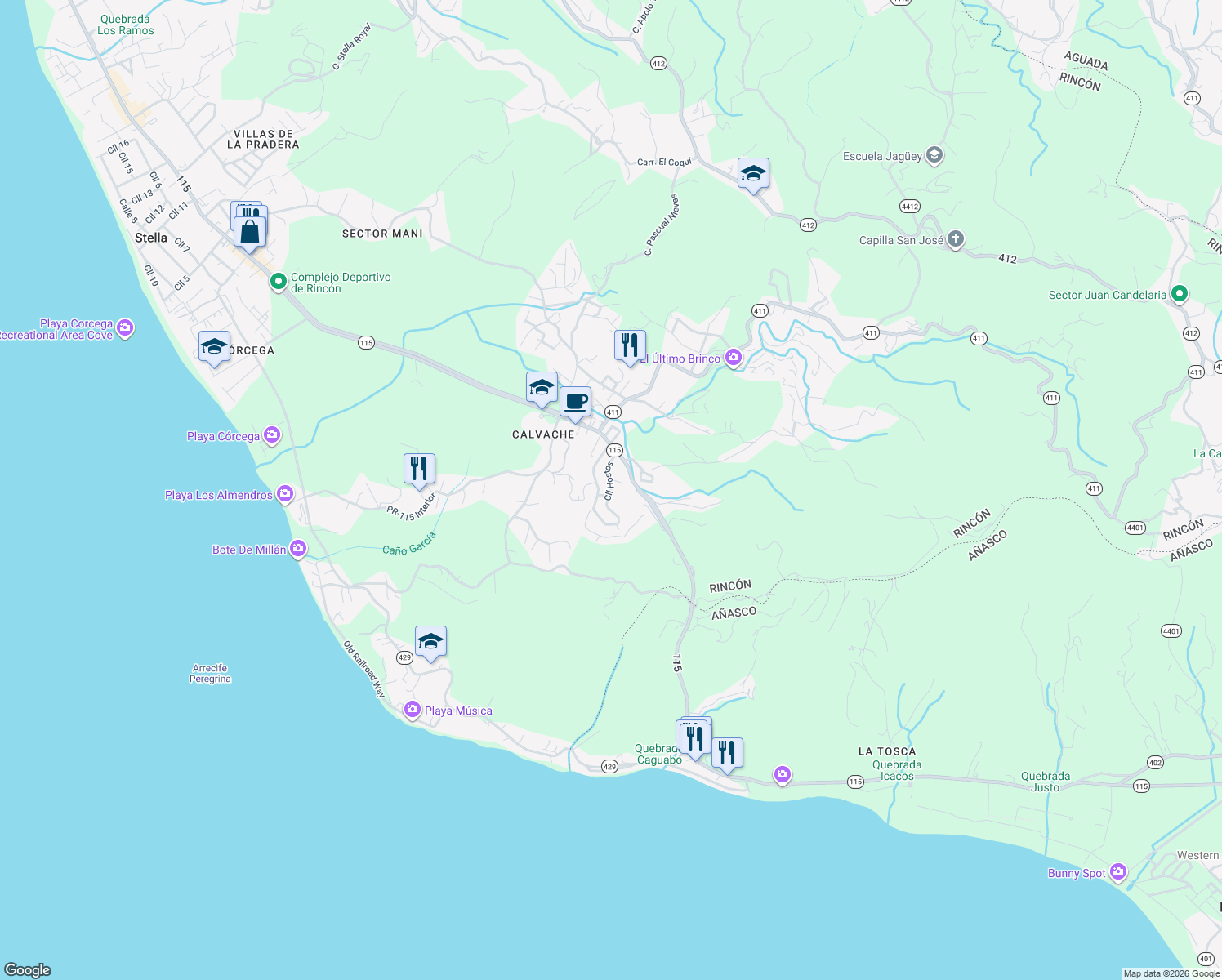 map of restaurants, bars, coffee shops, grocery stores, and more near Calle Hostos in Aguada