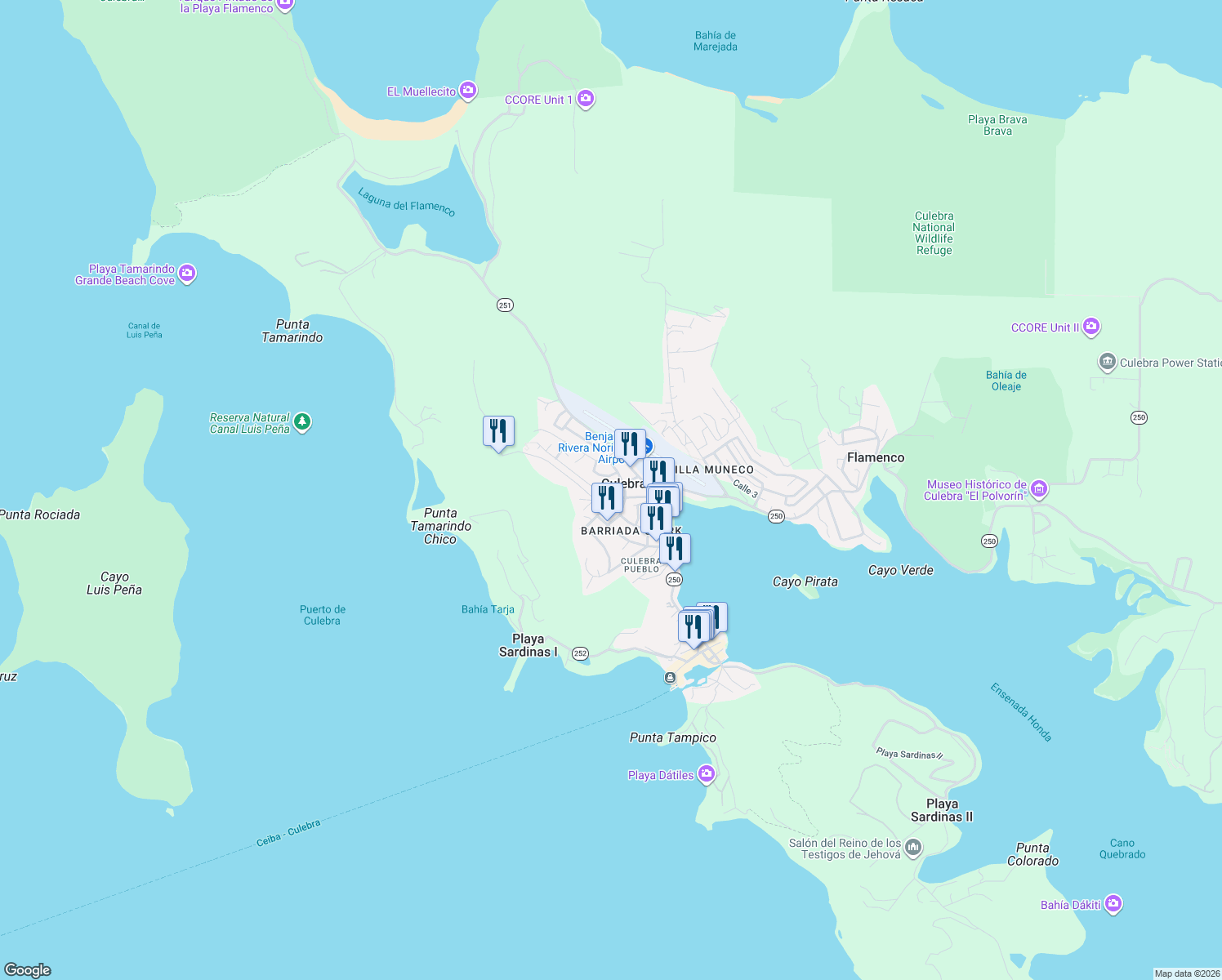 map of restaurants, bars, coffee shops, grocery stores, and more near in Culebra