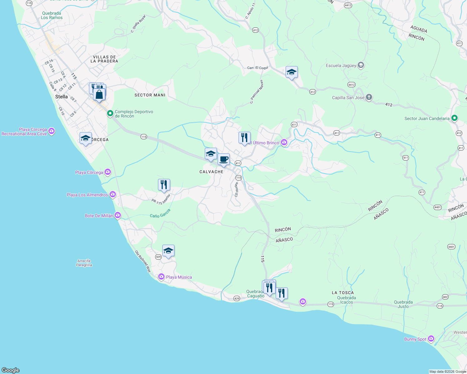 map of restaurants, bars, coffee shops, grocery stores, and more near Calle Hostos in Aguada