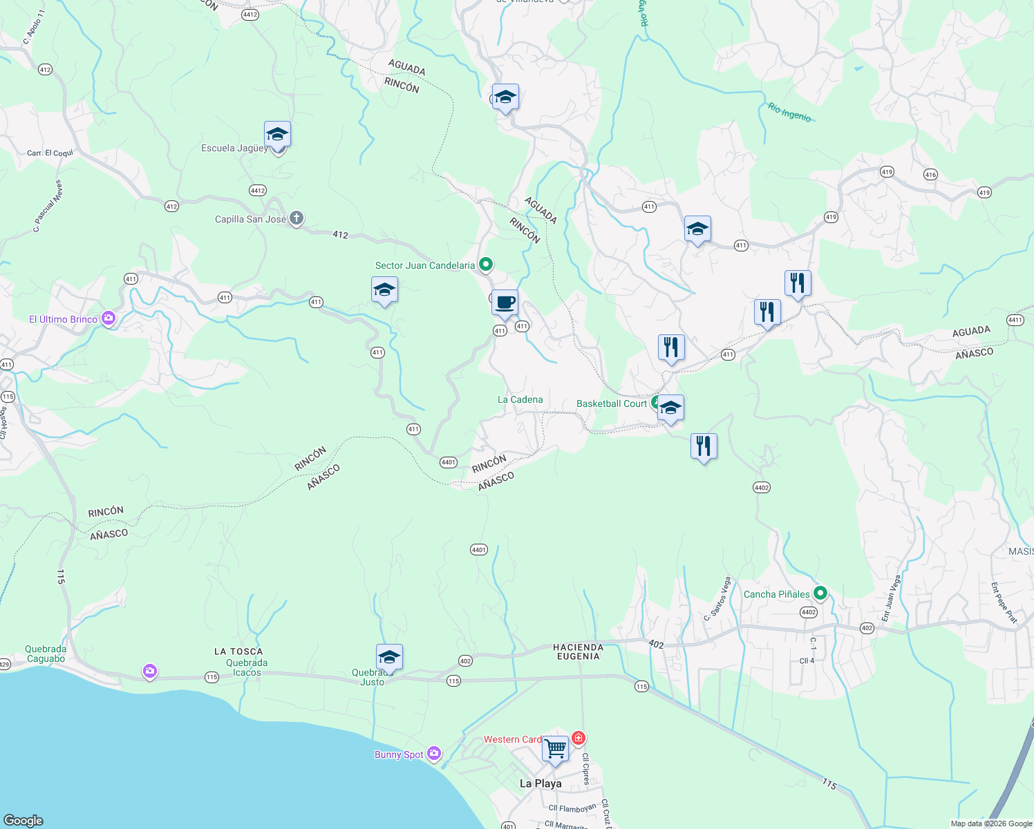 map of restaurants, bars, coffee shops, grocery stores, and more near in Rincon