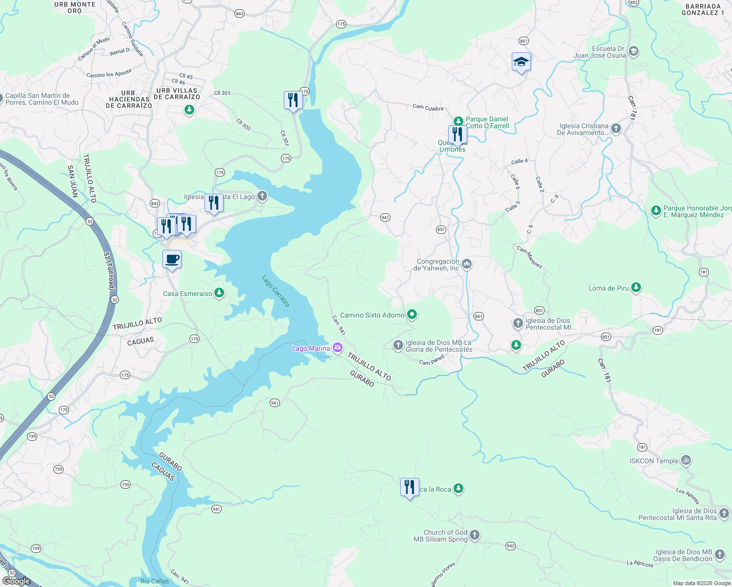 map of restaurants, bars, coffee shops, grocery stores, and more near in Trujillo Alto