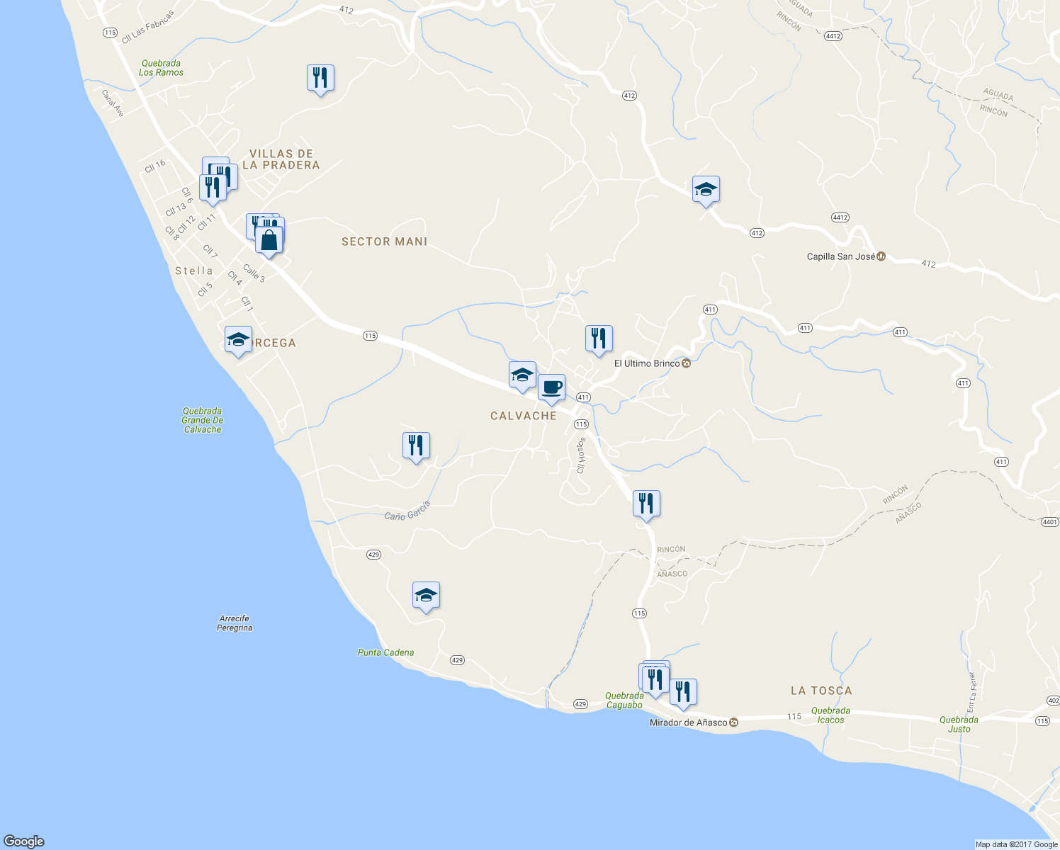 map of restaurants, bars, coffee shops, grocery stores, and more near PR-115 Int in Aguada