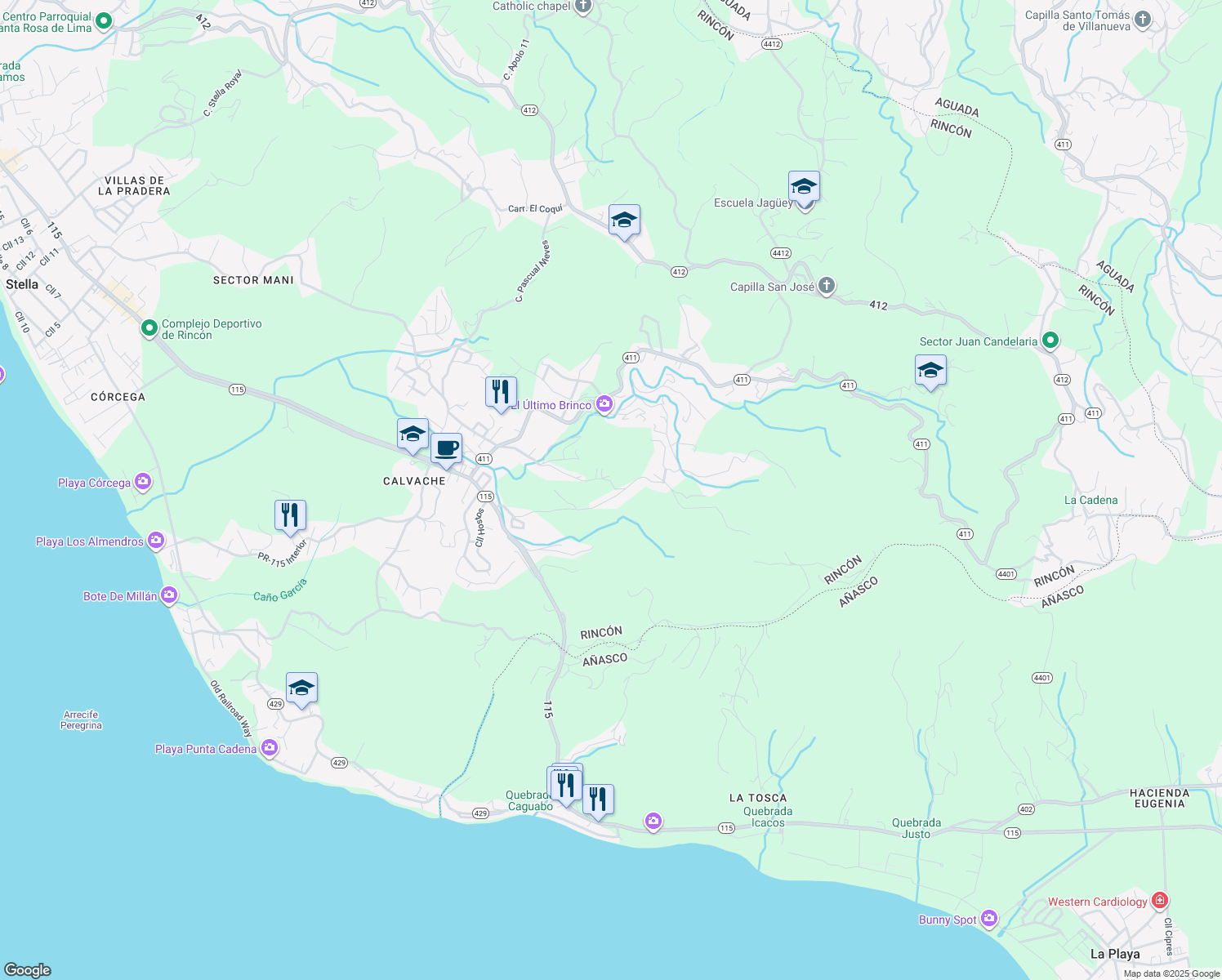 map of restaurants, bars, coffee shops, grocery stores, and more near in Rincon