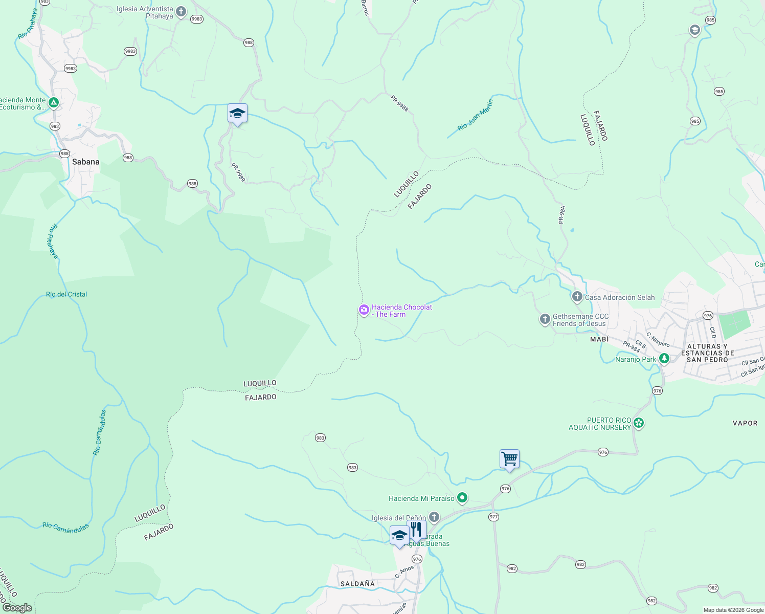 map of restaurants, bars, coffee shops, grocery stores, and more near Unnamed Road in Fajardo