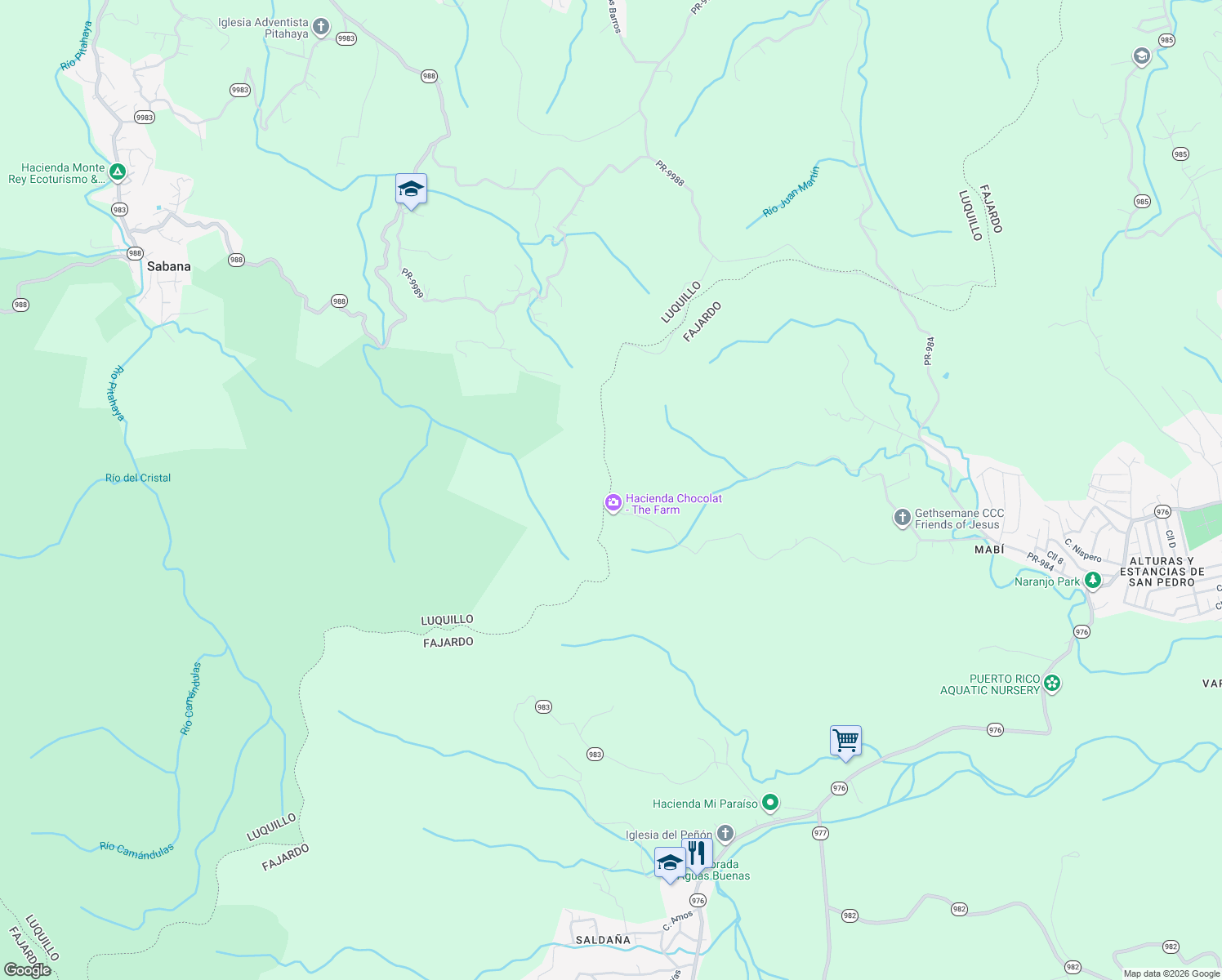 map of restaurants, bars, coffee shops, grocery stores, and more near Unnamed Road in Fajardo
