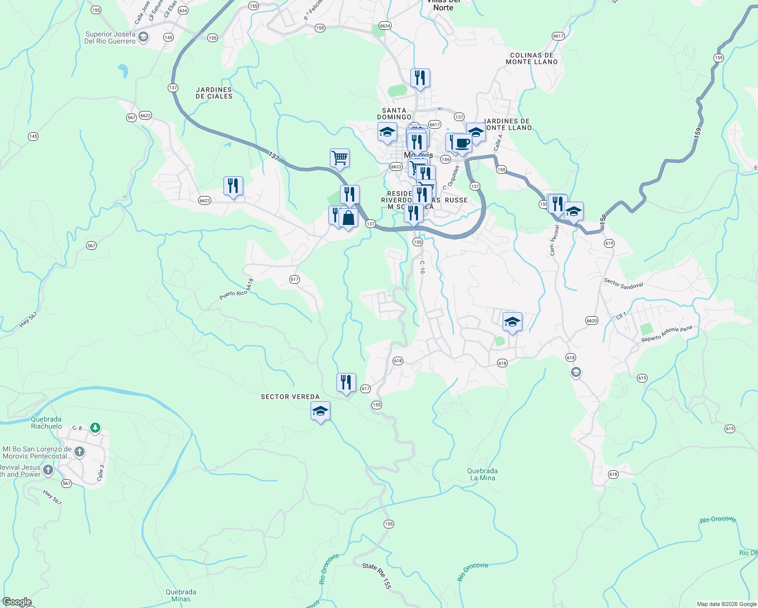 map of restaurants, bars, coffee shops, grocery stores, and more near Calle Palma Datileras in Morovis Sur