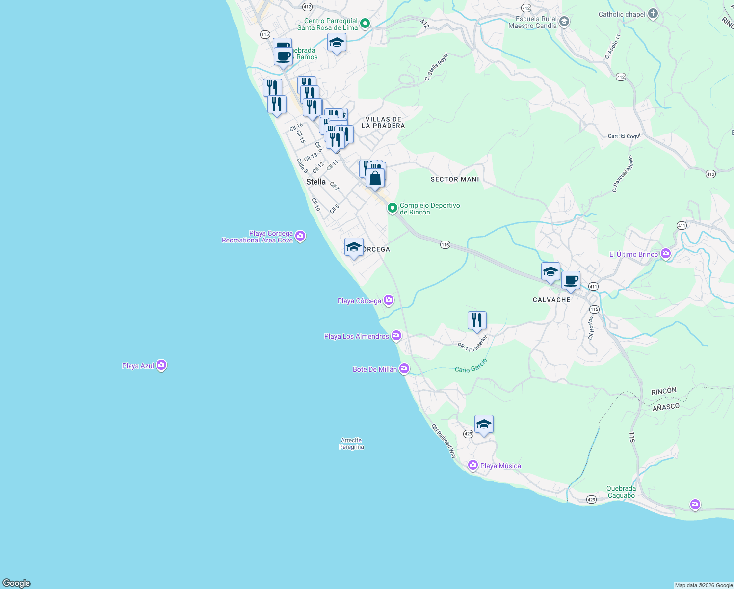 map of restaurants, bars, coffee shops, grocery stores, and more near Calle Via Bergoaere in Rincón