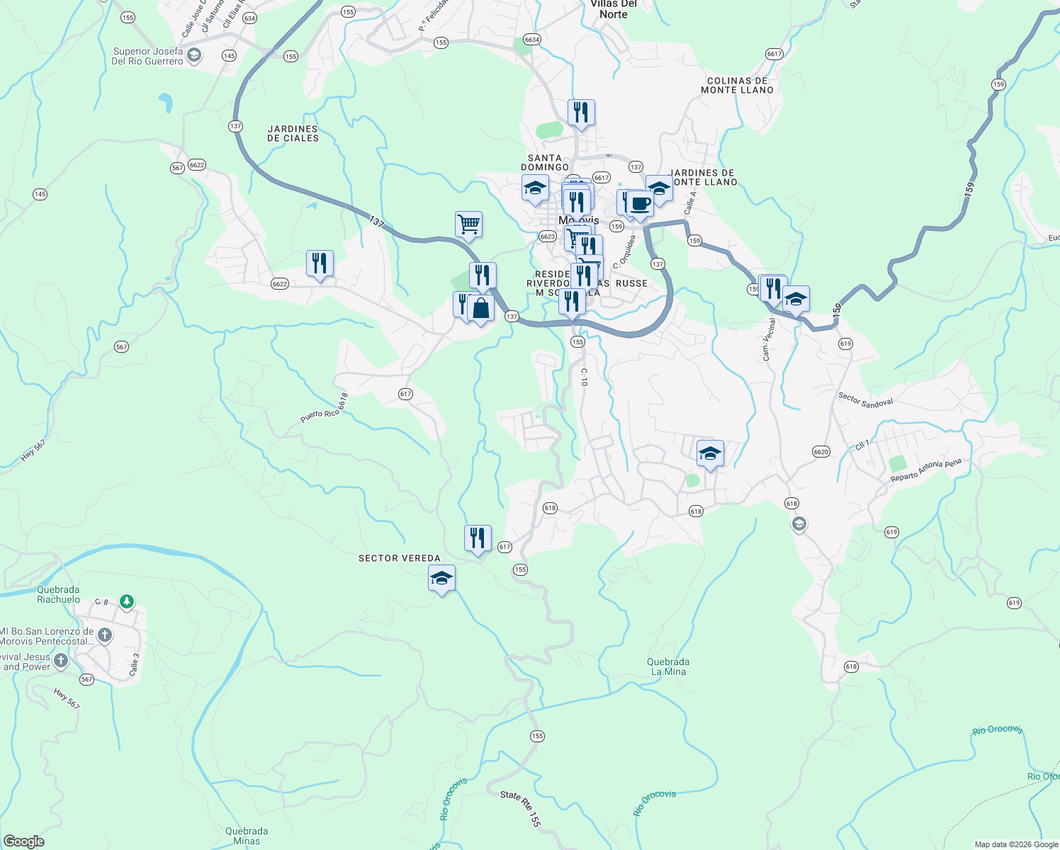 map of restaurants, bars, coffee shops, grocery stores, and more near Calle Palma Datileras in Morovis