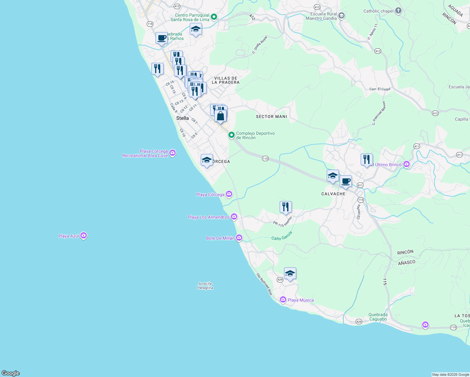 map of restaurants, bars, coffee shops, grocery stores, and more near Highway 429 in Rincón