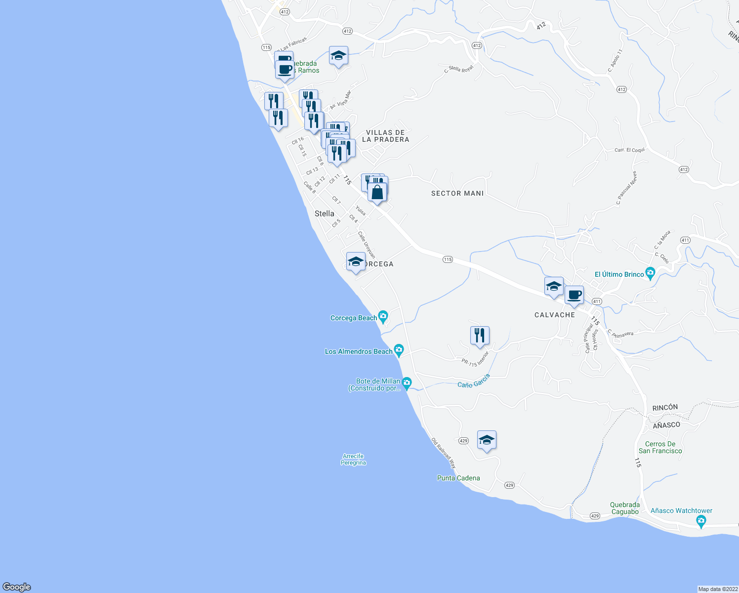 map of restaurants, bars, coffee shops, grocery stores, and more near Calle Via Bergoaere in Rincón