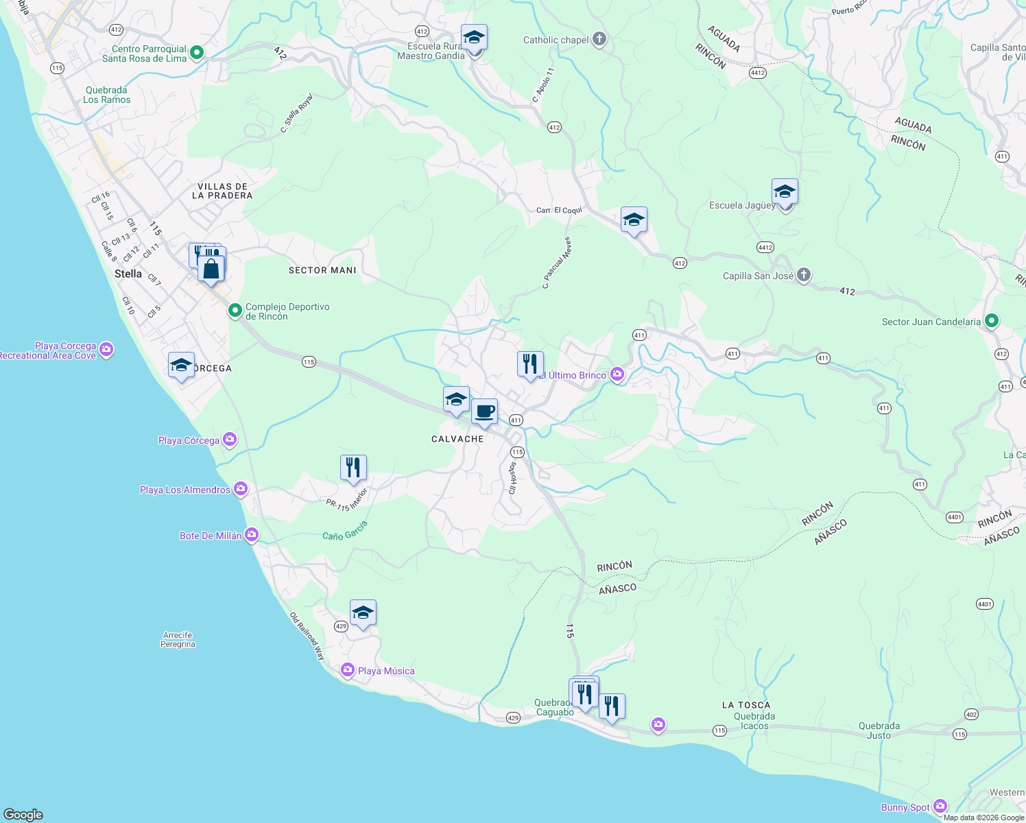 map of restaurants, bars, coffee shops, grocery stores, and more near Puerto Rico 115 in Aguada