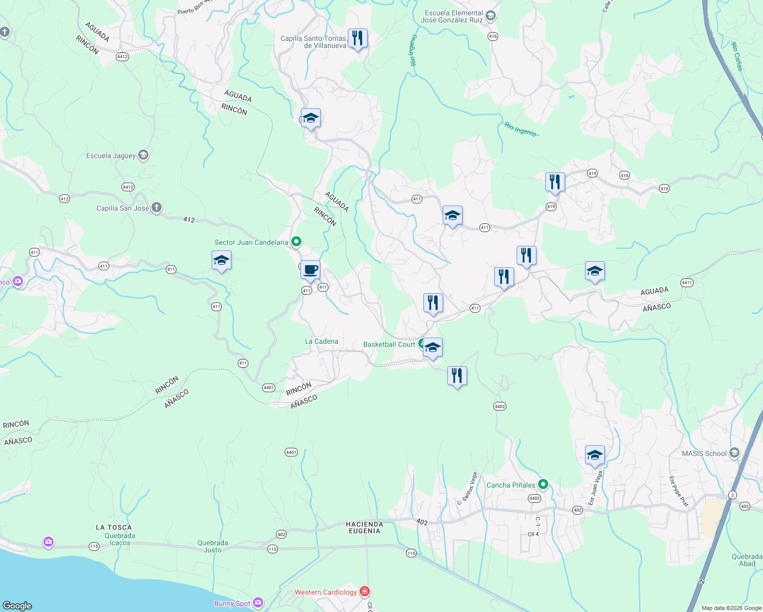 map of restaurants, bars, coffee shops, grocery stores, and more near in Rincon