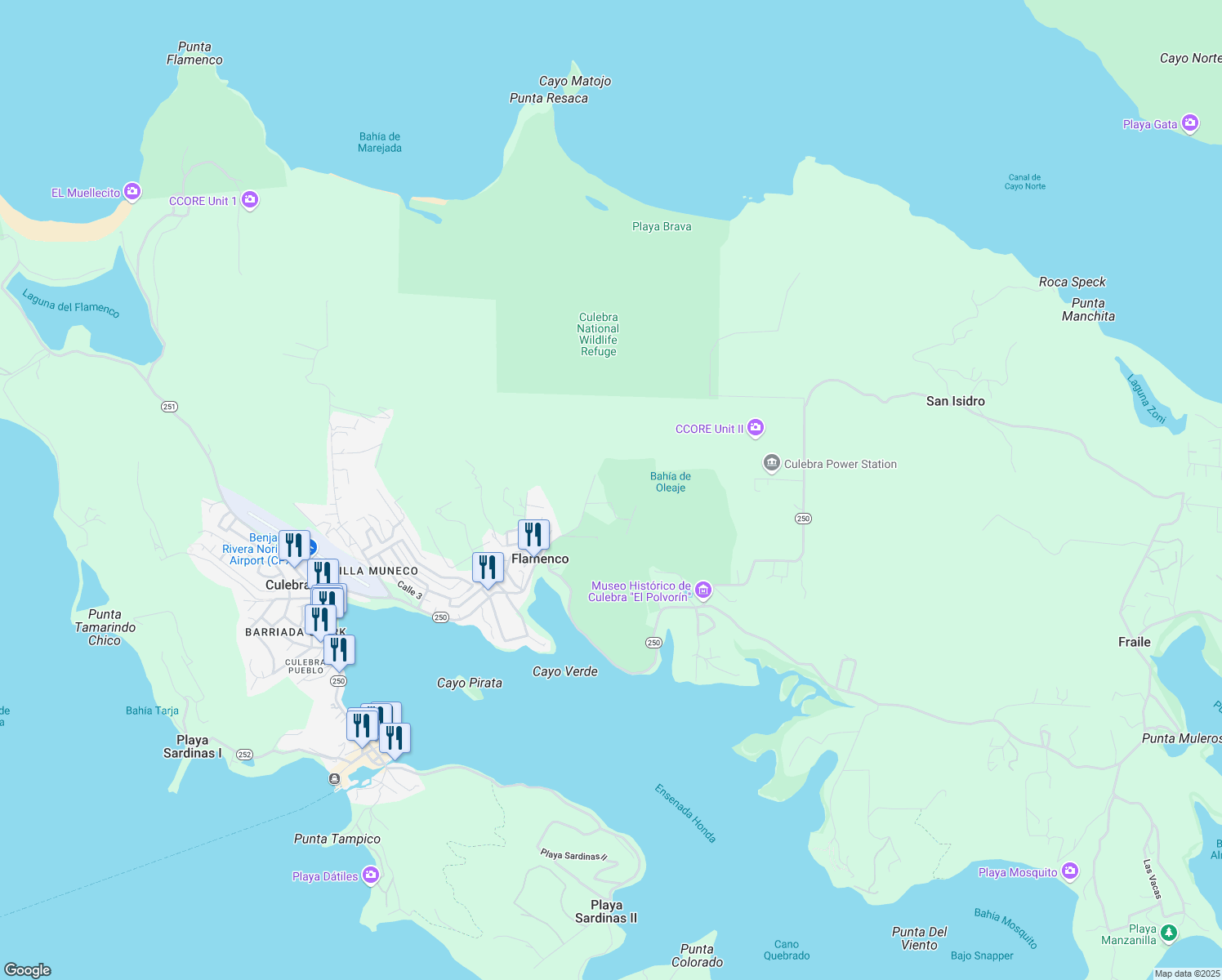 map of restaurants, bars, coffee shops, grocery stores, and more near Unnamed Road in Culebra
