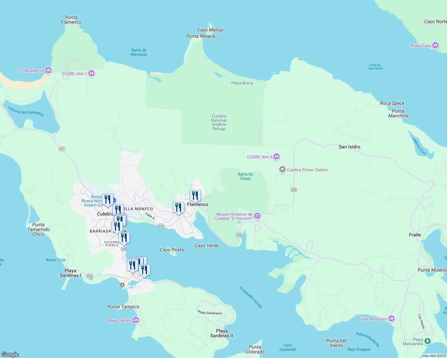 map of restaurants, bars, coffee shops, grocery stores, and more near Unnamed Road in Culebra