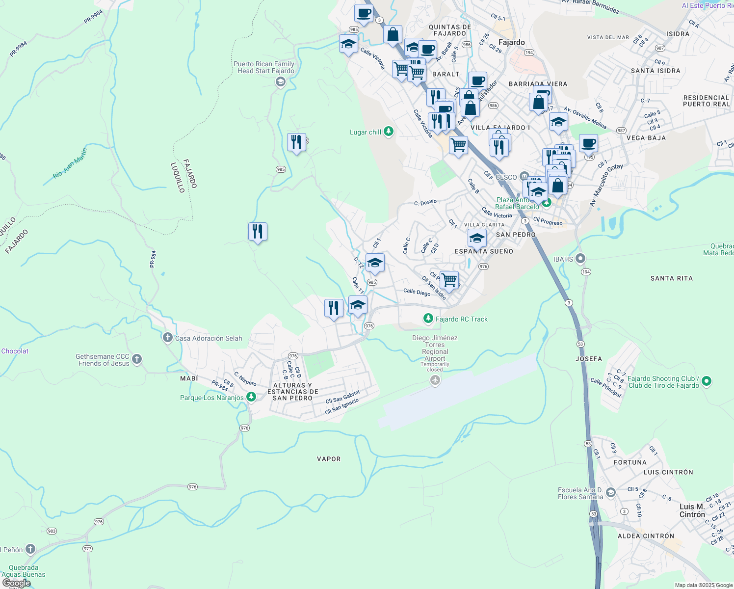 map of restaurants, bars, coffee shops, grocery stores, and more near 985 in Fajardo