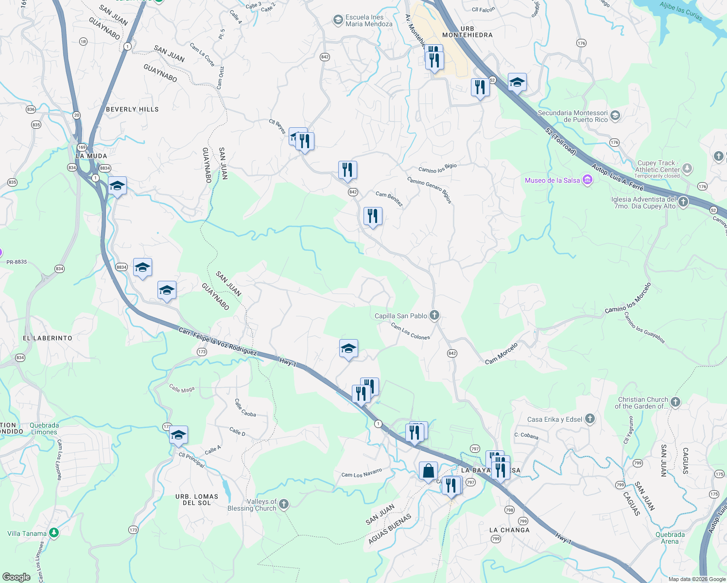 map of restaurants, bars, coffee shops, grocery stores, and more near 43 Camino Los Colones in San Juan