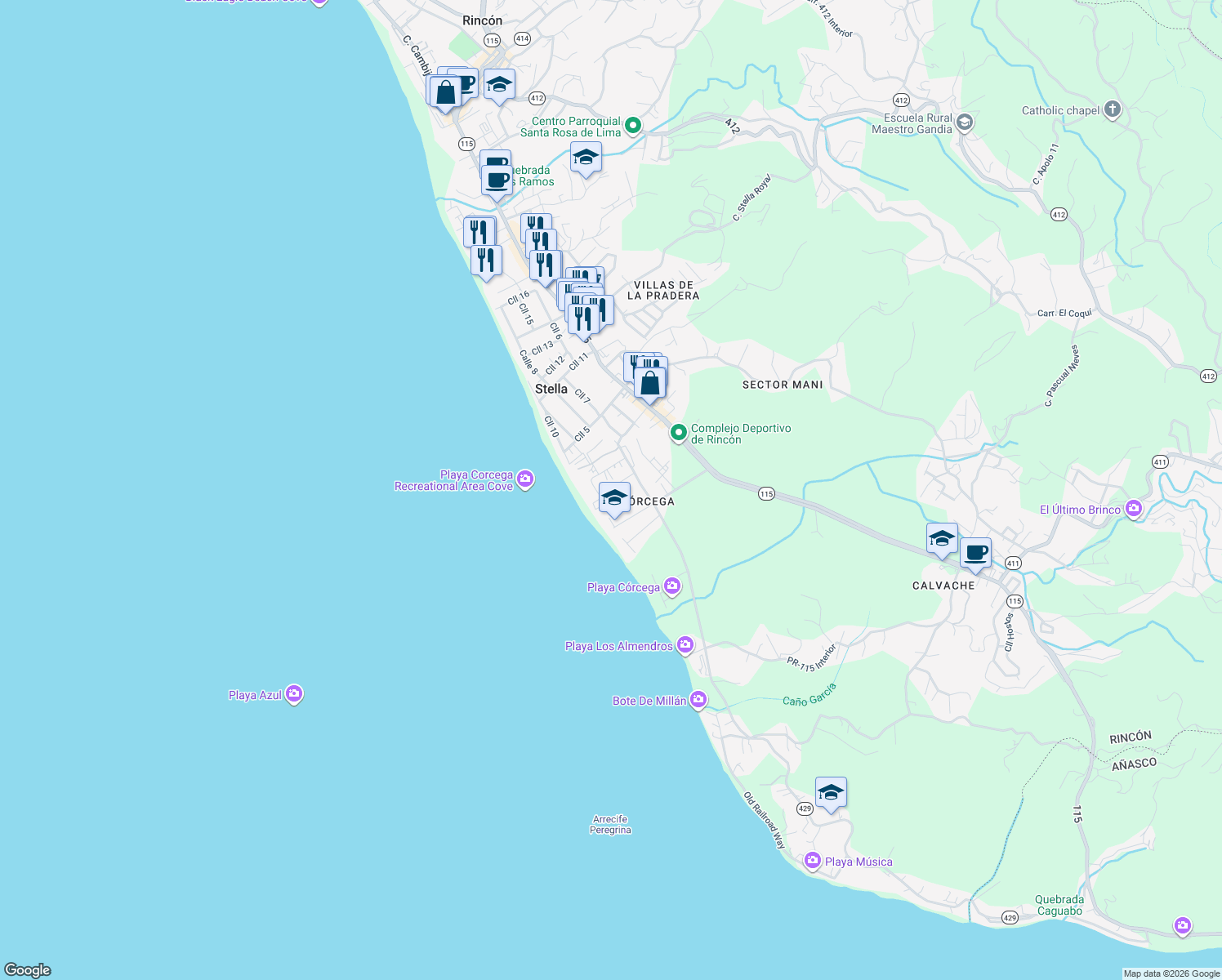 map of restaurants, bars, coffee shops, grocery stores, and more near Calle Pogio Doleta in Stella