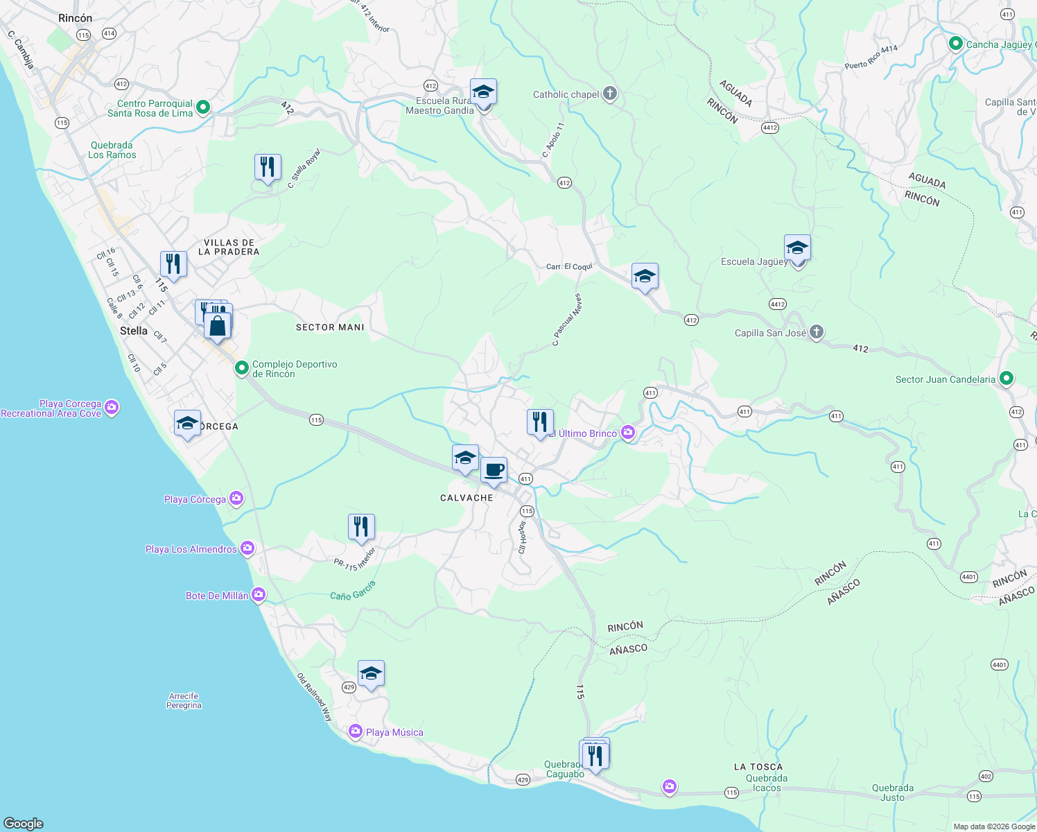 map of restaurants, bars, coffee shops, grocery stores, and more near in Rincon