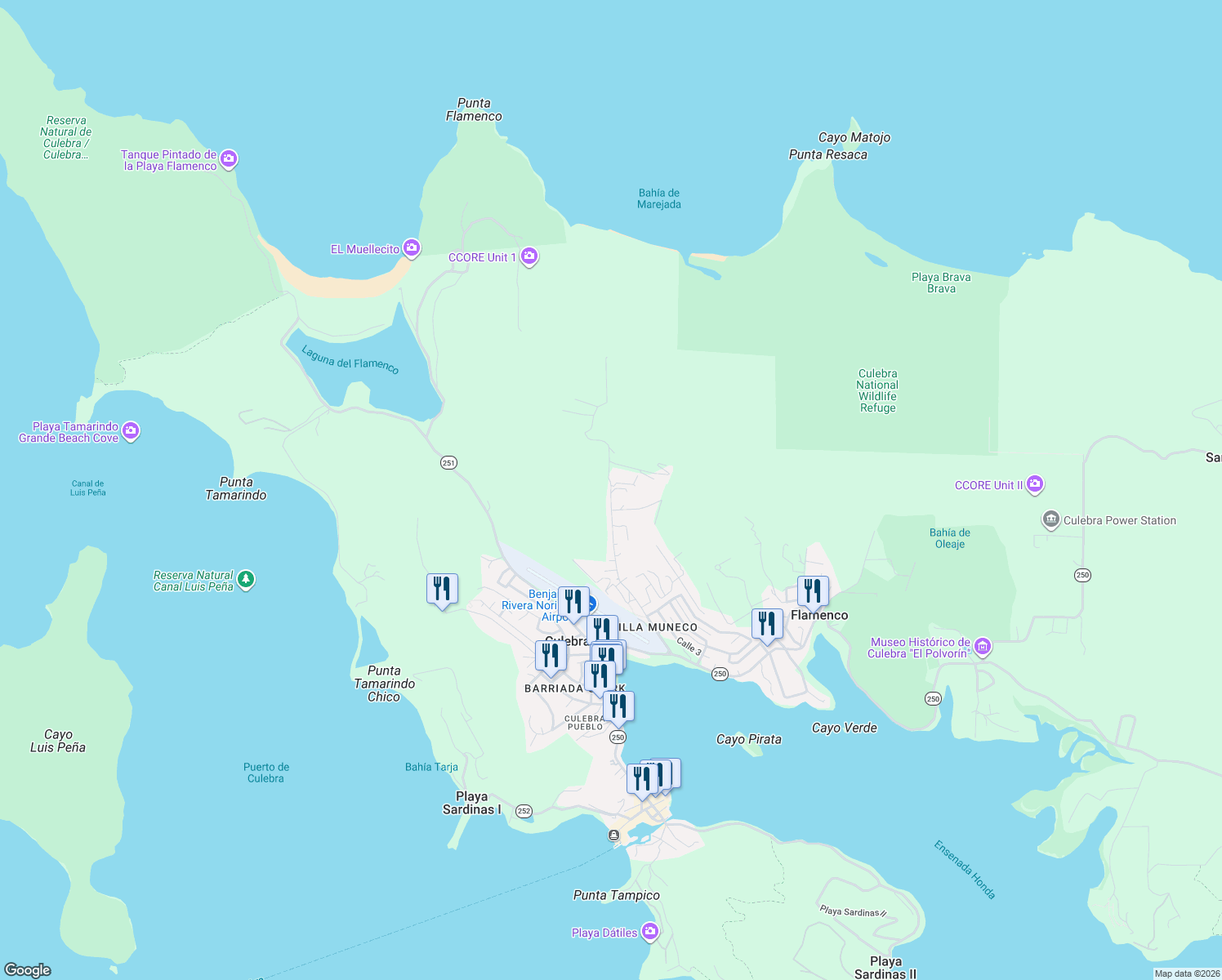 map of restaurants, bars, coffee shops, grocery stores, and more near Calle Resaca in Culebra