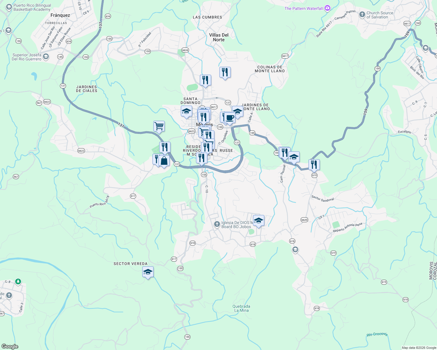 map of restaurants, bars, coffee shops, grocery stores, and more near 137 in Morovis