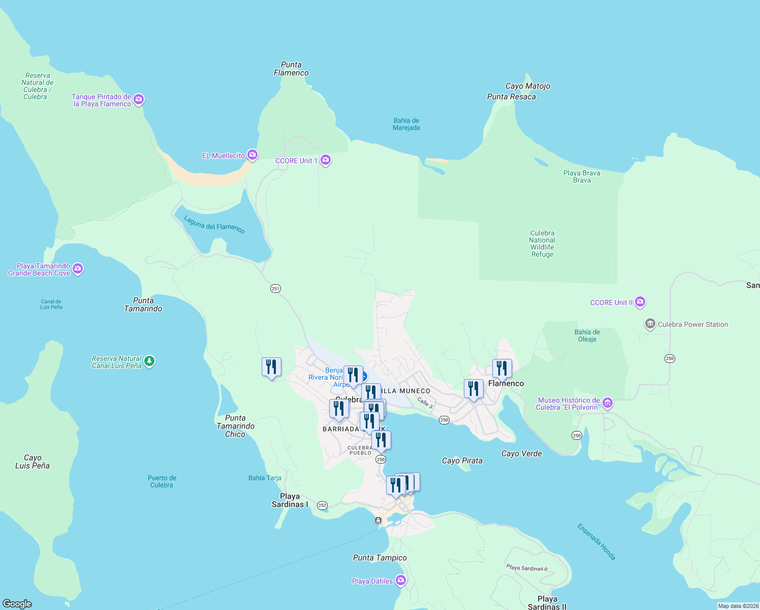 map of restaurants, bars, coffee shops, grocery stores, and more near Calle Resaca in Culebra