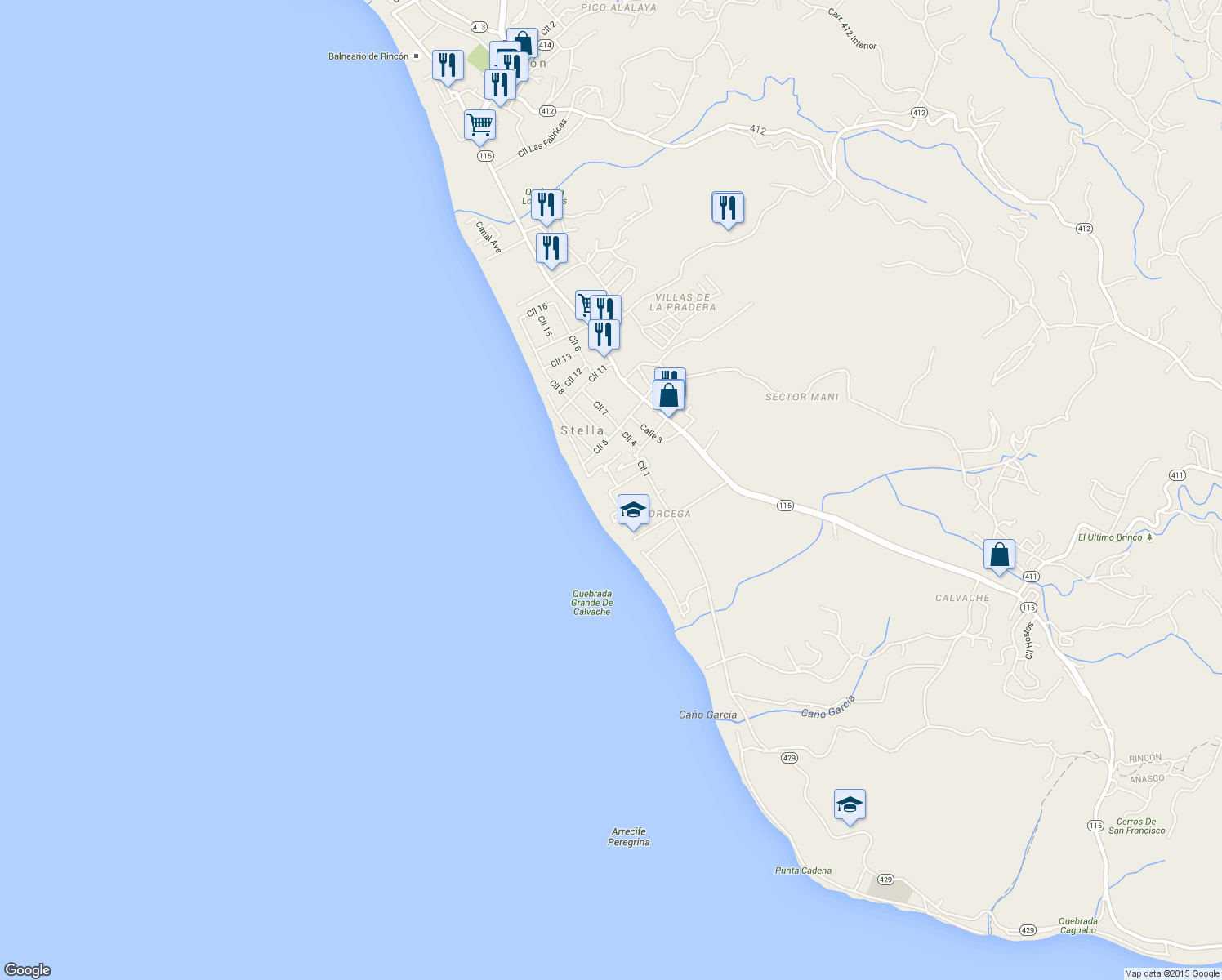 map of restaurants, bars, coffee shops, grocery stores, and more near Calle Pogio Doleta in Rincón
