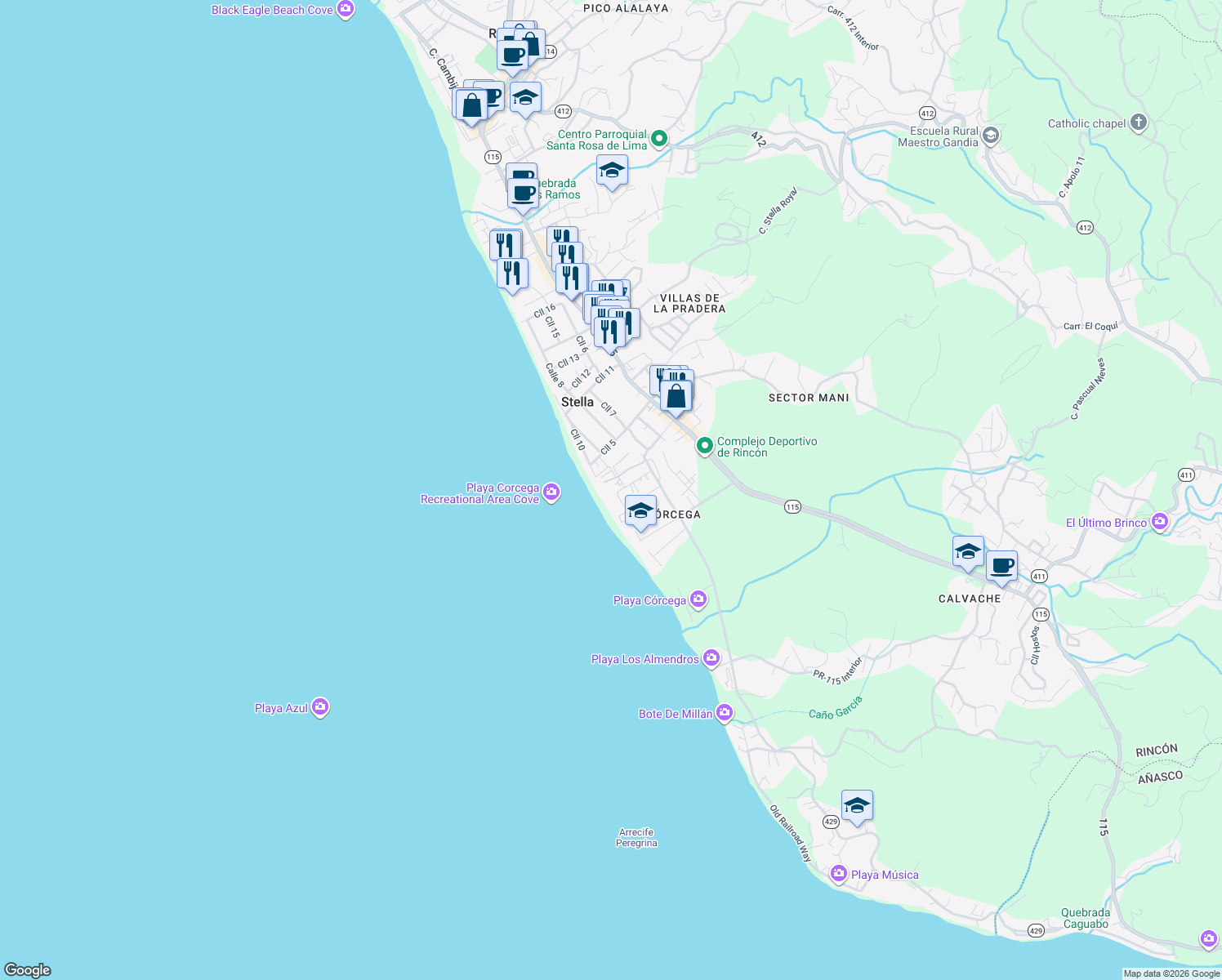 map of restaurants, bars, coffee shops, grocery stores, and more near Calle Pogio Doleta in Rincón