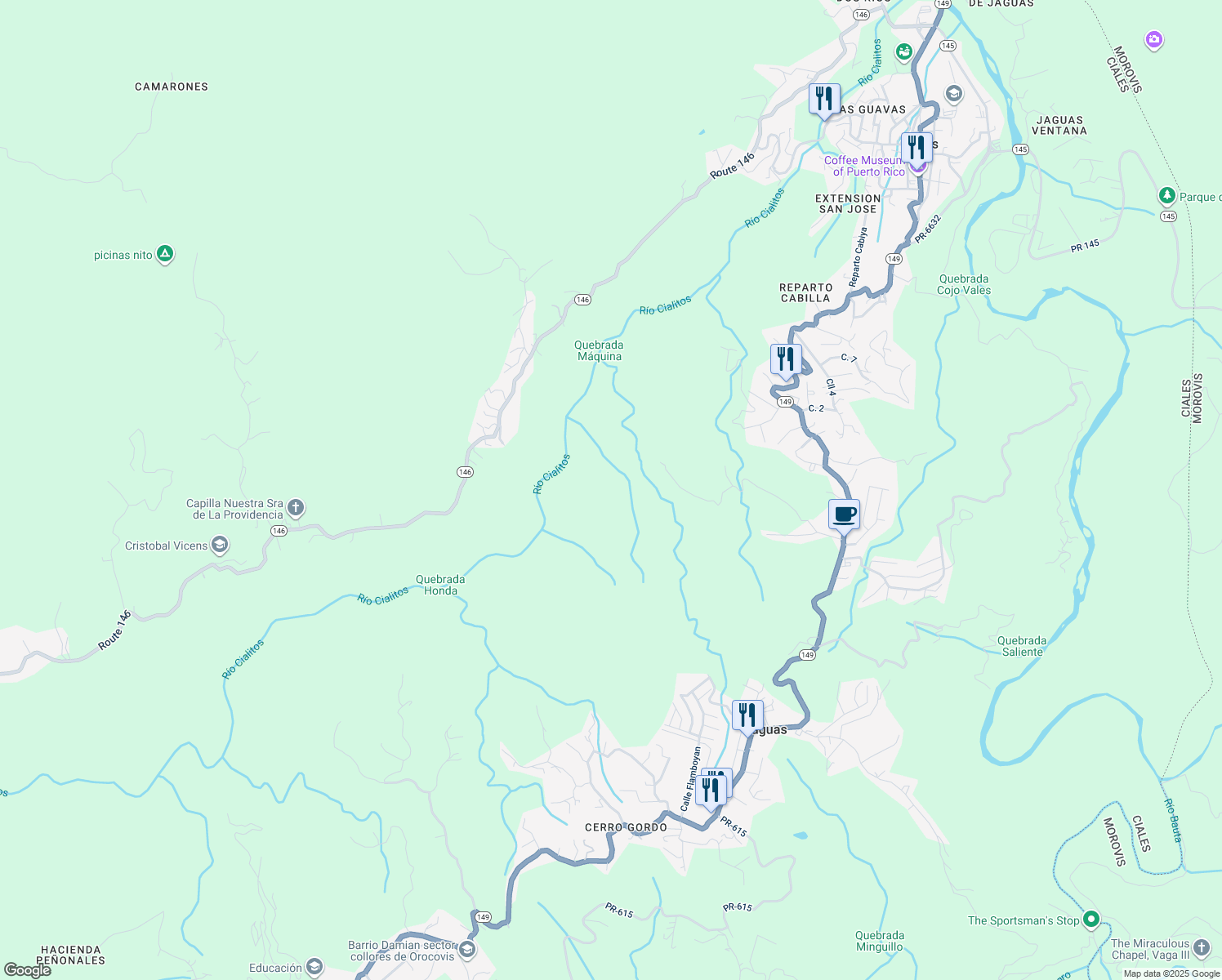map of restaurants, bars, coffee shops, grocery stores, and more near Unnamed Road in Ciales