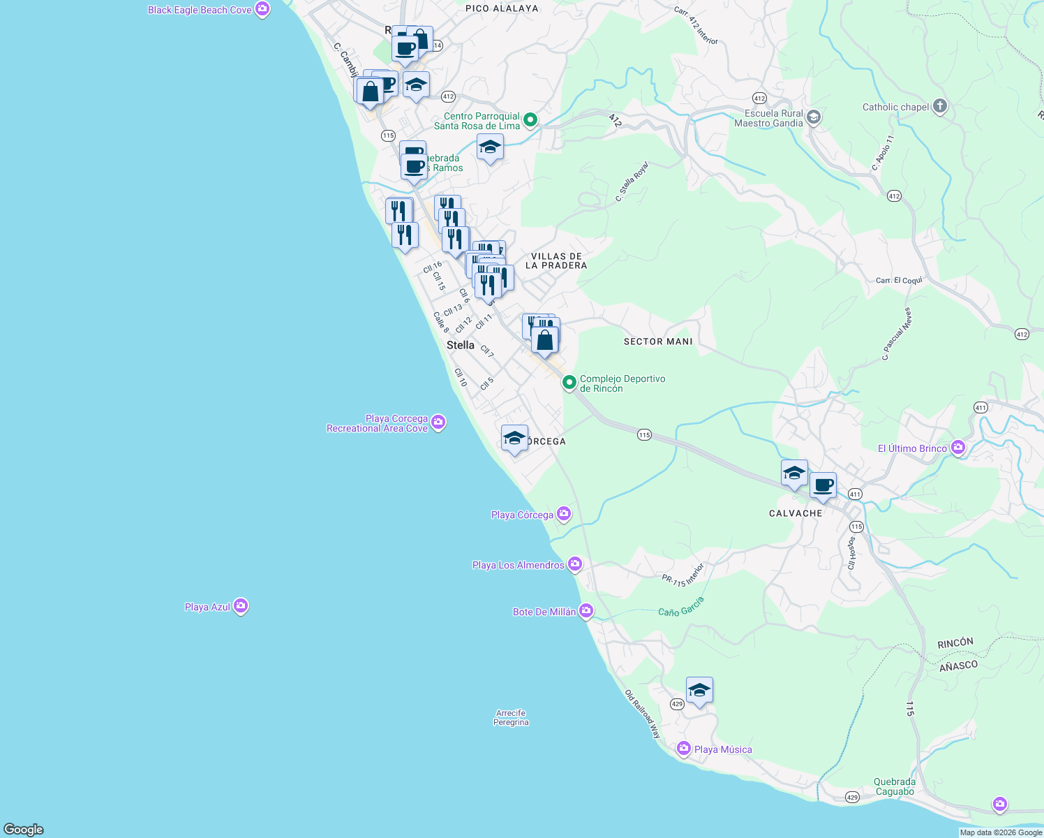 map of restaurants, bars, coffee shops, grocery stores, and more near 3416-3418 Calle 1 in Aguada