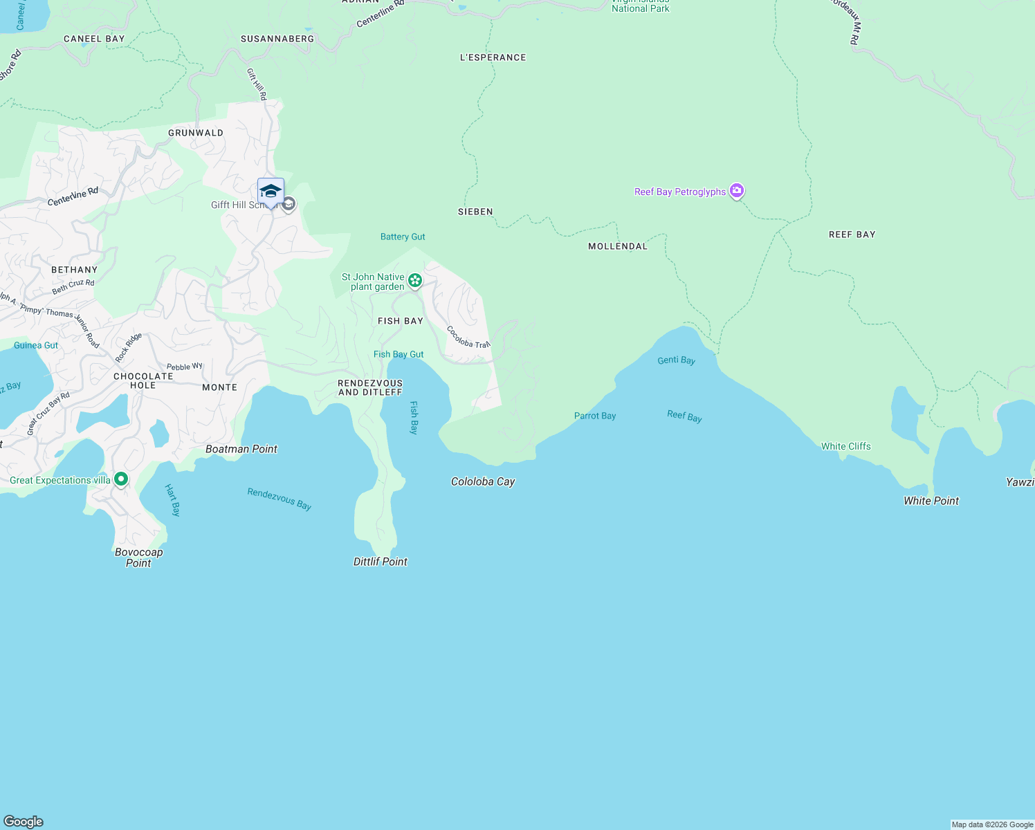 map of restaurants, bars, coffee shops, grocery stores, and more near Hilltop Lane in Cruz Bay