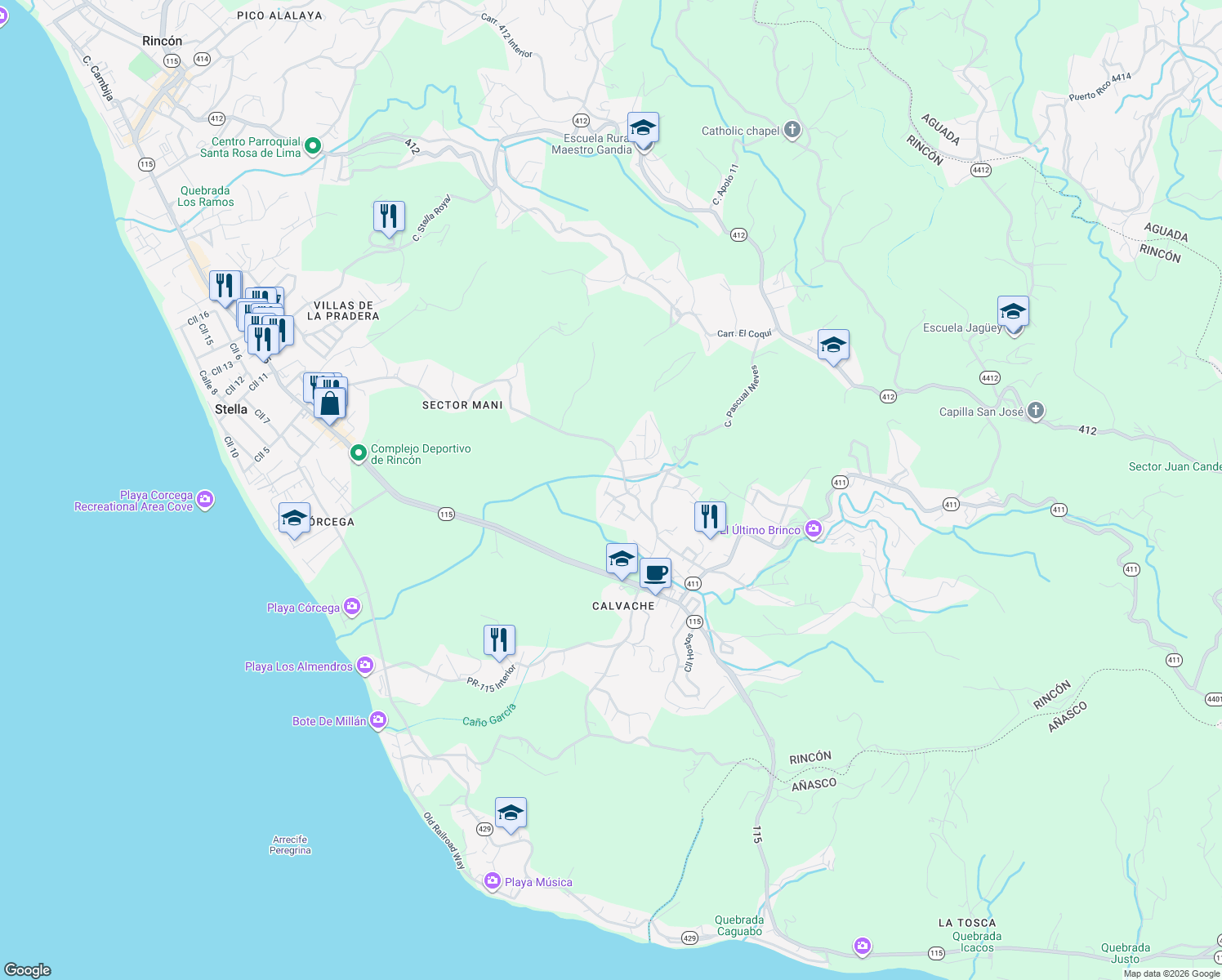 map of restaurants, bars, coffee shops, grocery stores, and more near Calle Pascual Nieves in Aguada