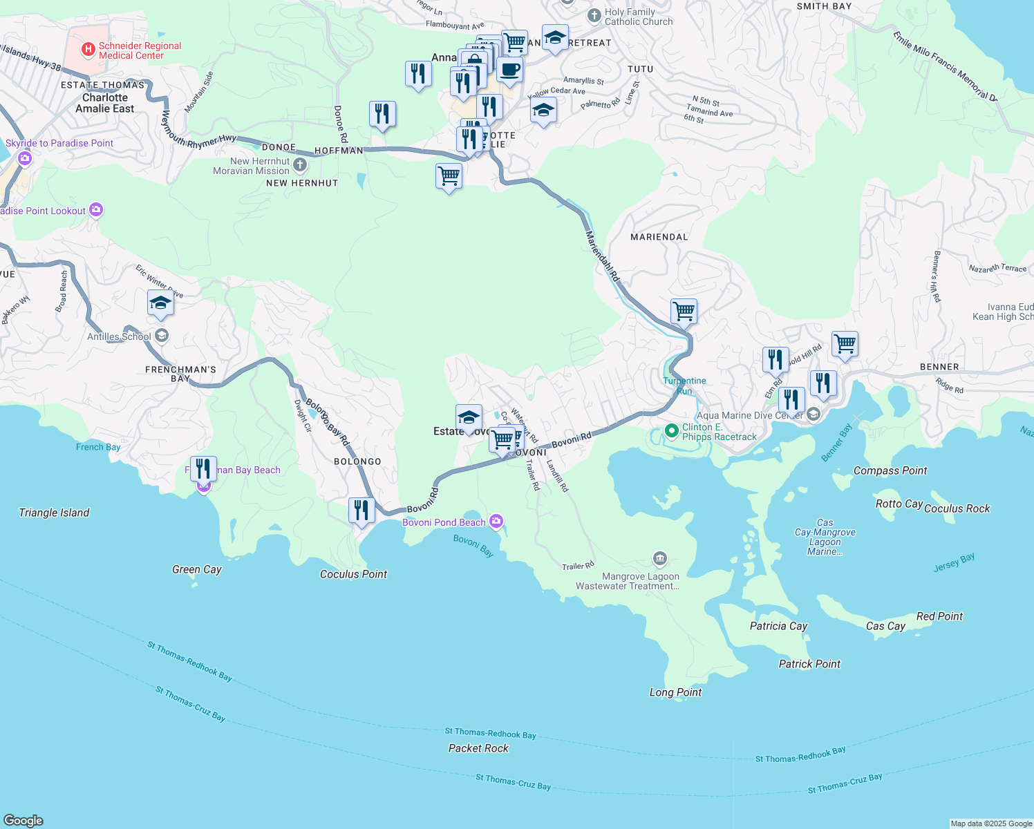 map of restaurants, bars, coffee shops, grocery stores, and more near Watergut Road in Estate Bovoni