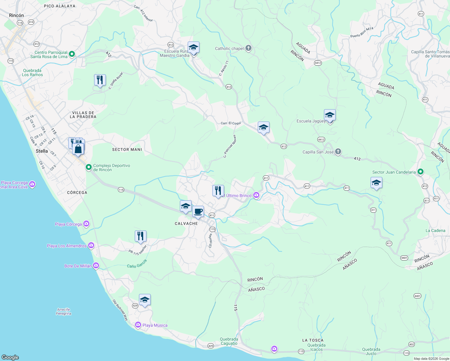 map of restaurants, bars, coffee shops, grocery stores, and more near in Rincon