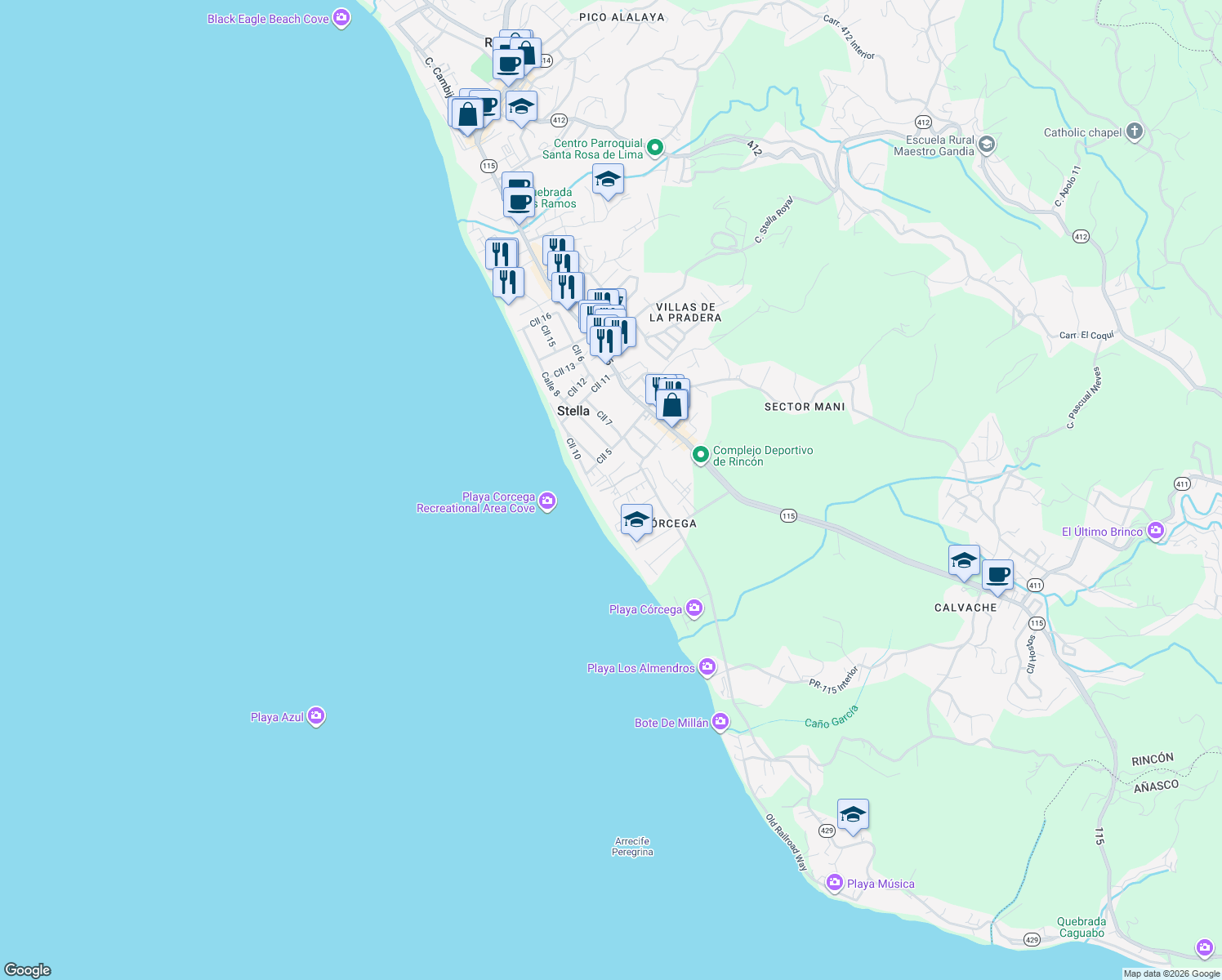 map of restaurants, bars, coffee shops, grocery stores, and more near Calle Pogio Doleta in Rincón