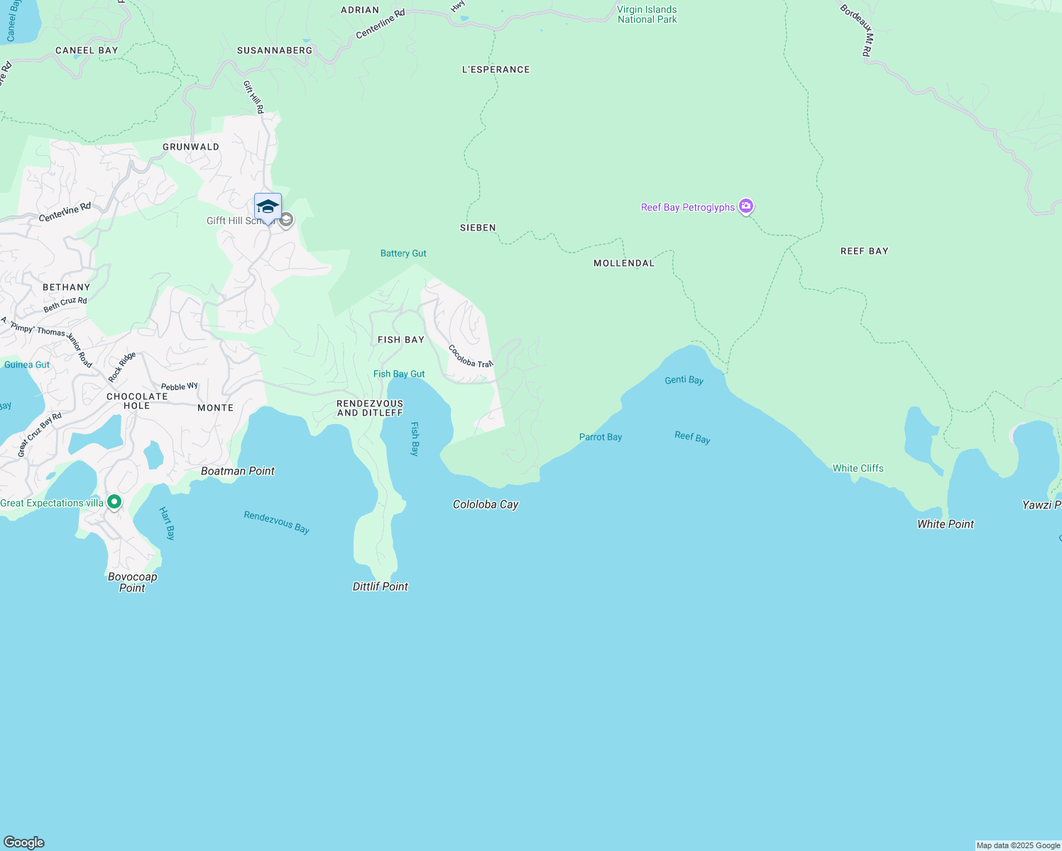 map of restaurants, bars, coffee shops, grocery stores, and more near Reef Bay Road in Central