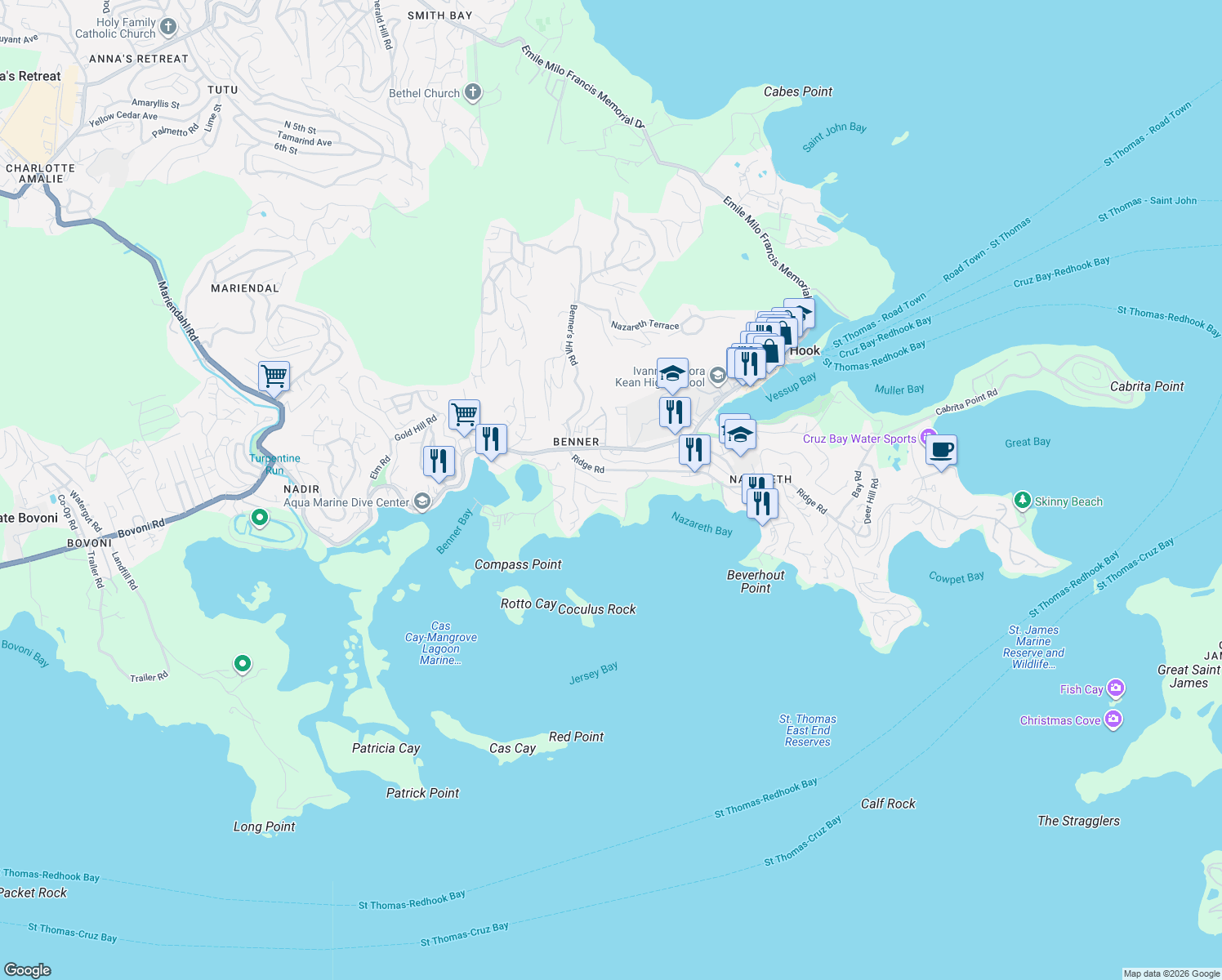 map of restaurants, bars, coffee shops, grocery stores, and more near Pony Street in East End