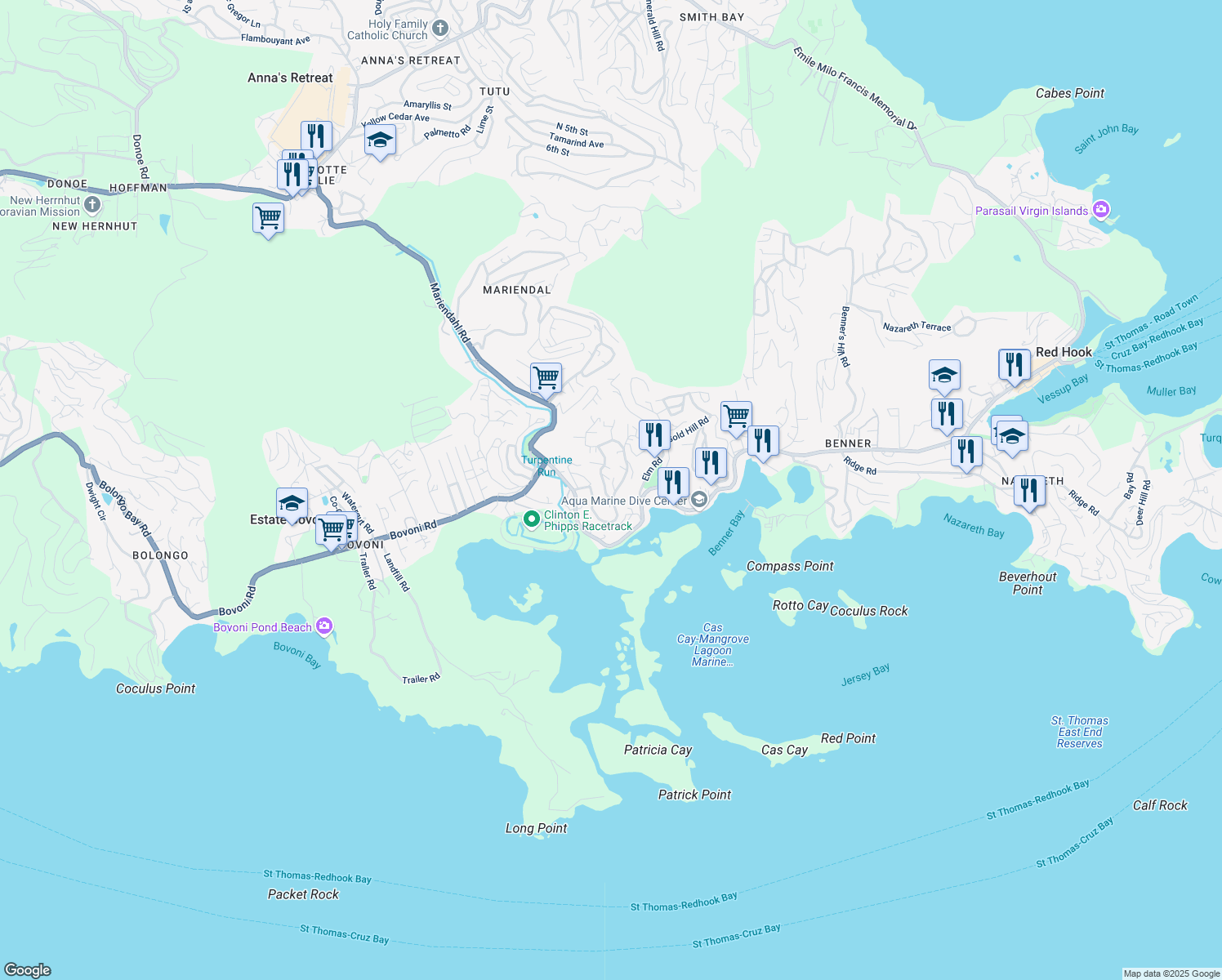 map of restaurants, bars, coffee shops, grocery stores, and more near Aquline Ann Road in East End