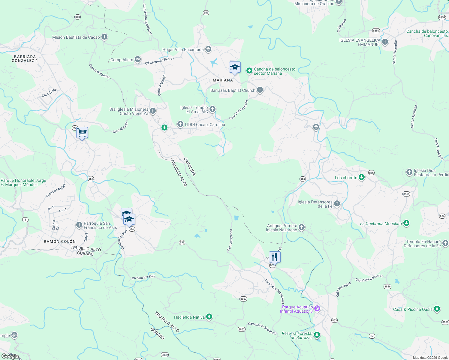 map of restaurants, bars, coffee shops, grocery stores, and more near in Trujillo Bajo